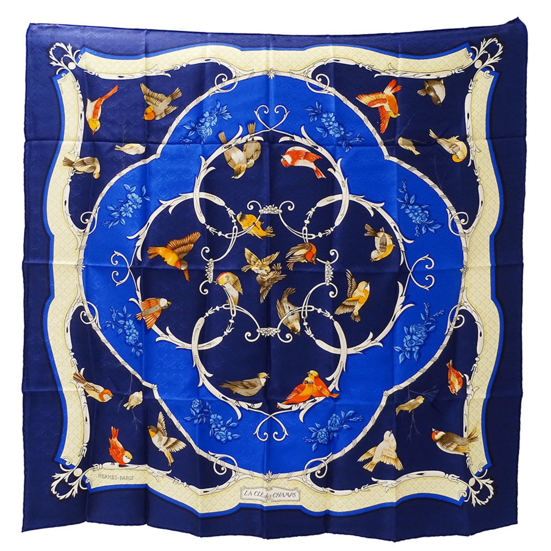 Hermes Hermès LA CLE des CHAMPS Carré 90 Scarf, Silk, Blue, Large, Bird, Flower Design