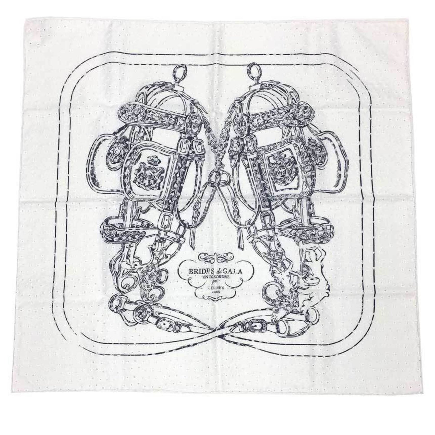 HERMES Carre 70 Scarf, BRODERIE ANG BRIDES DE GALA FINESS, size 983529S, 25, 100% silk, embroidered, white/black, formal bridle scarf.