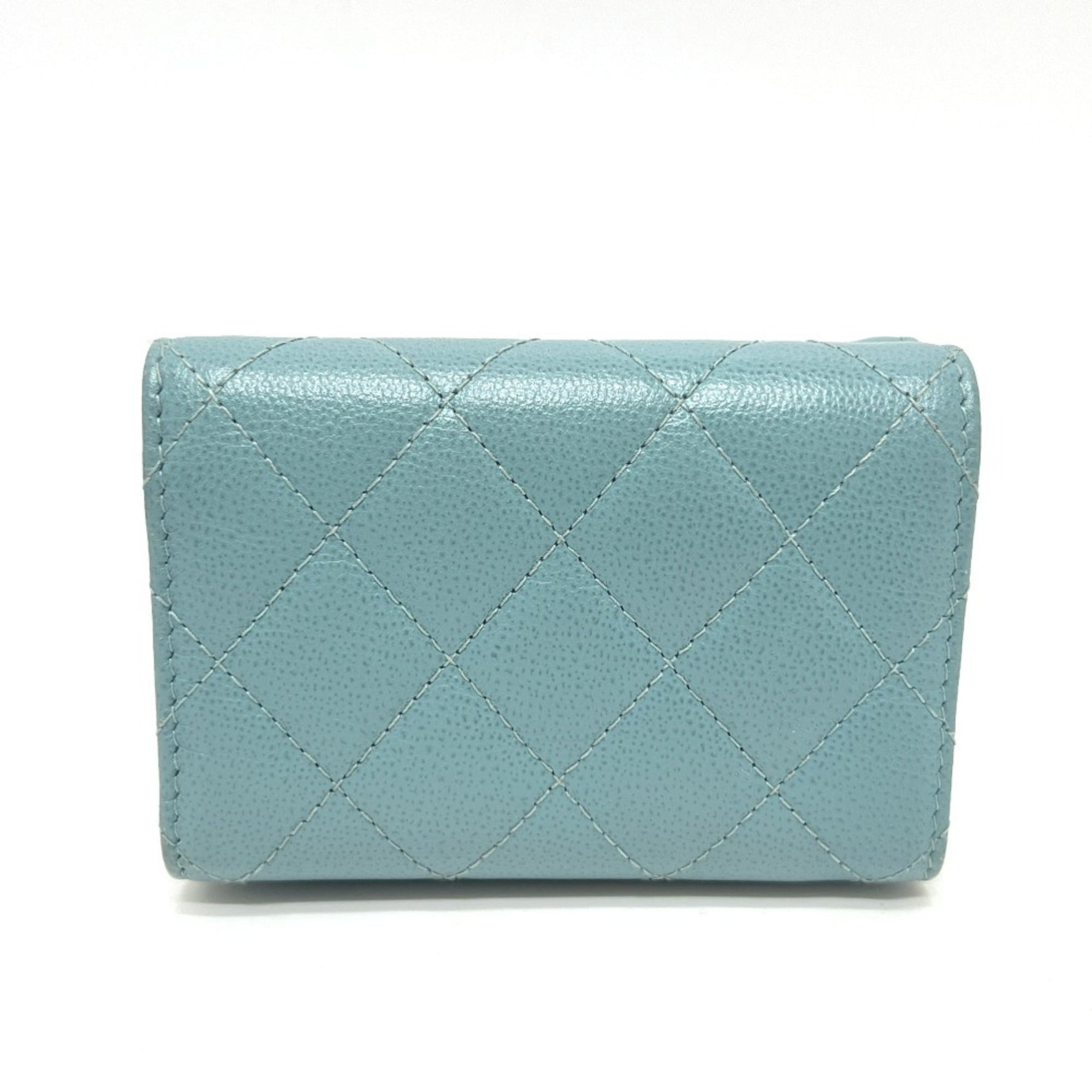 CHANEL Push Lock Half Coco Mark Compact Wallet, Tri-fold Leather Light Blue