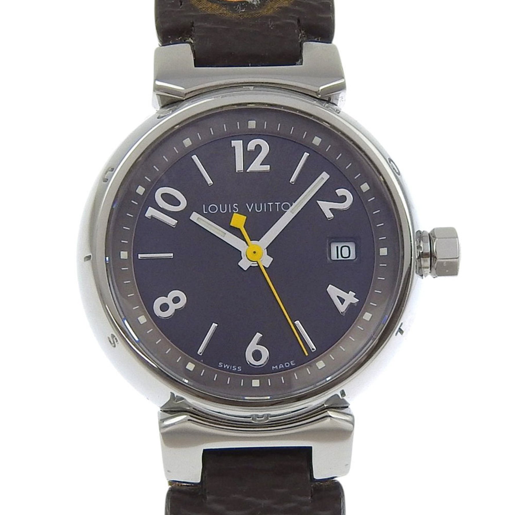 Louis Vuitton Tambour Watch Stainless Steel and Monogram Canvas, Quartz Movement, Analog Display, Brown Dial