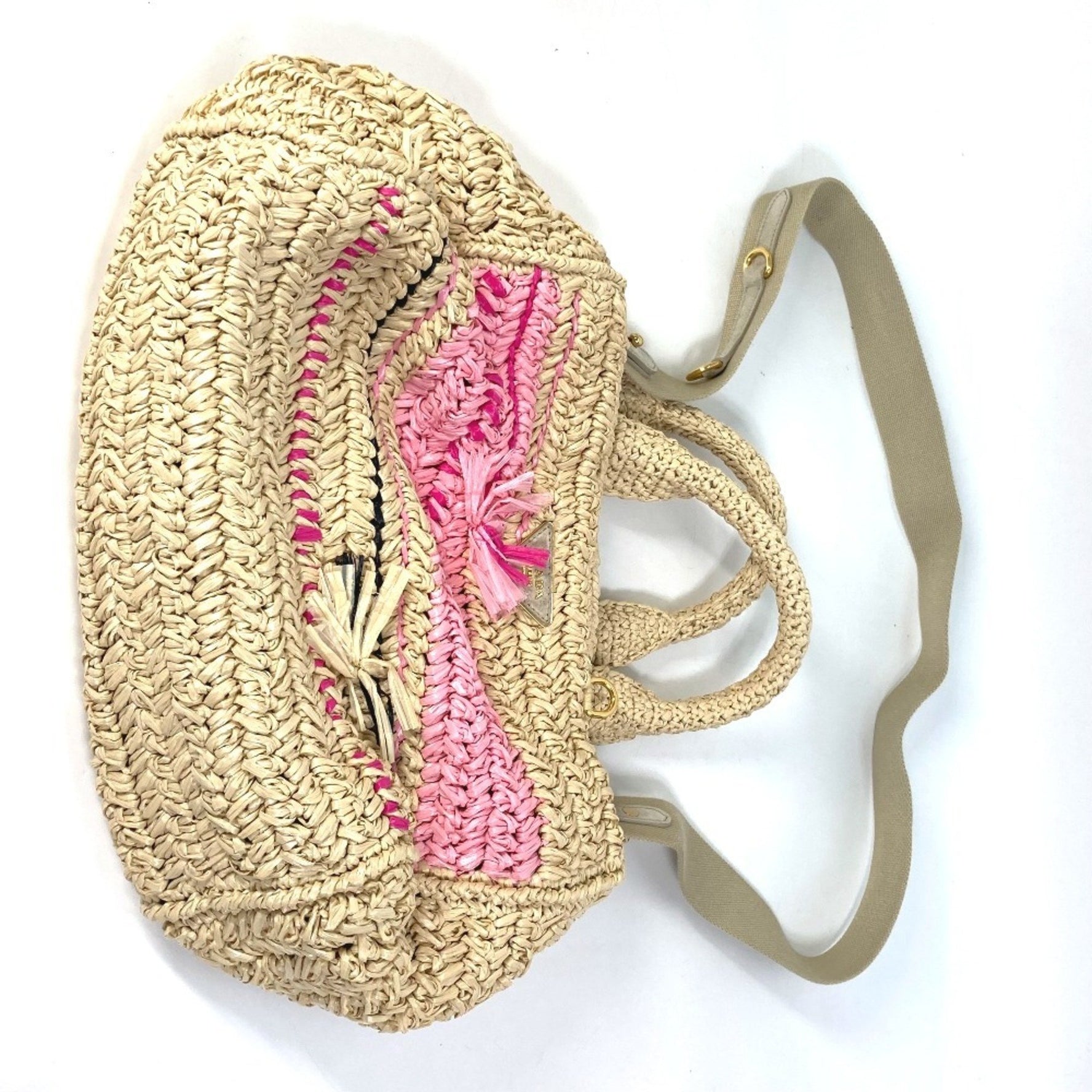 Prada Triangle Logo Canapa Bag, Shoulder Handbag, Raffia, Beige