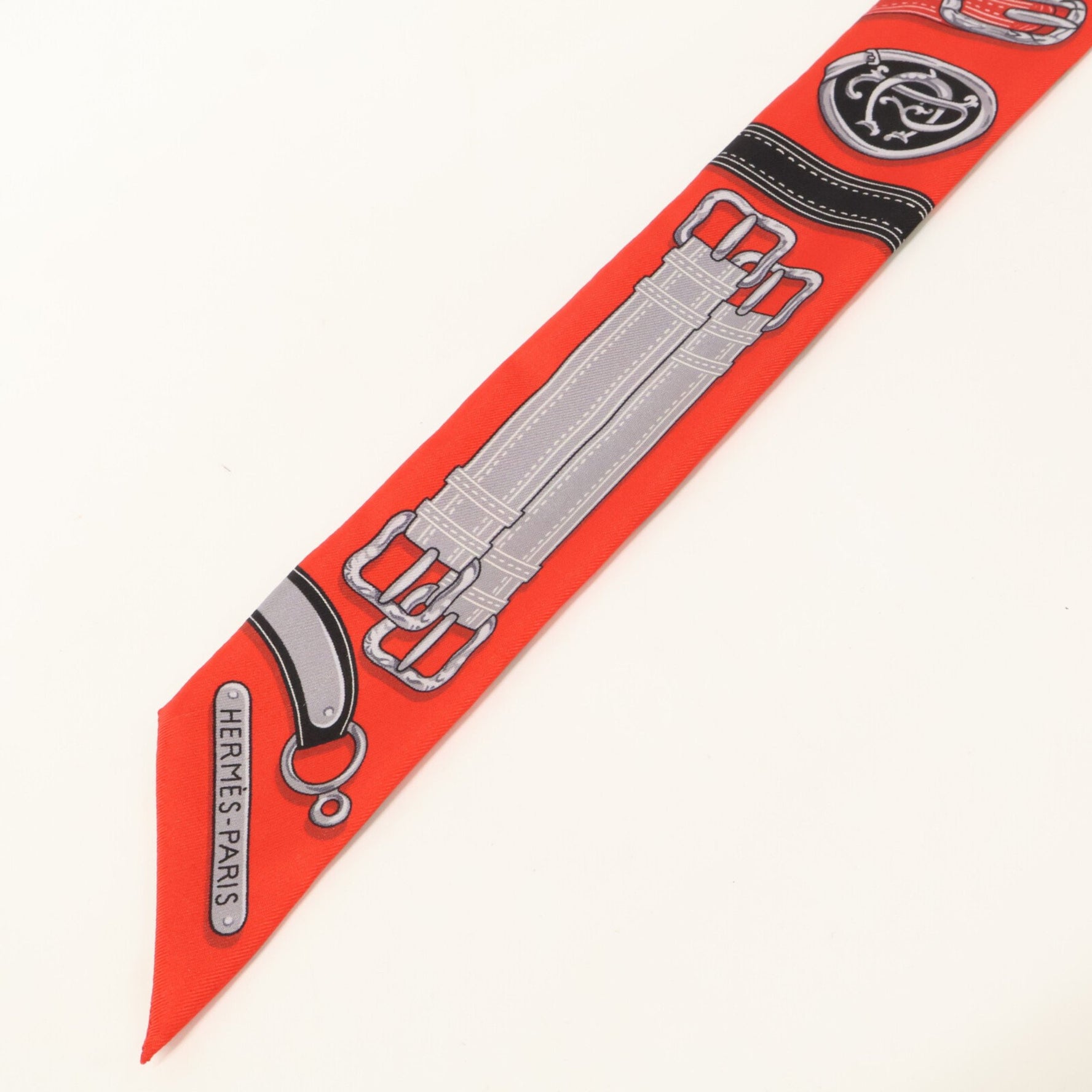 HERMES HARNAIS DES PRESIDENTS Presidential Horse Harness Silk Twilly Scarf 09 ROUGE NOIR GRIS