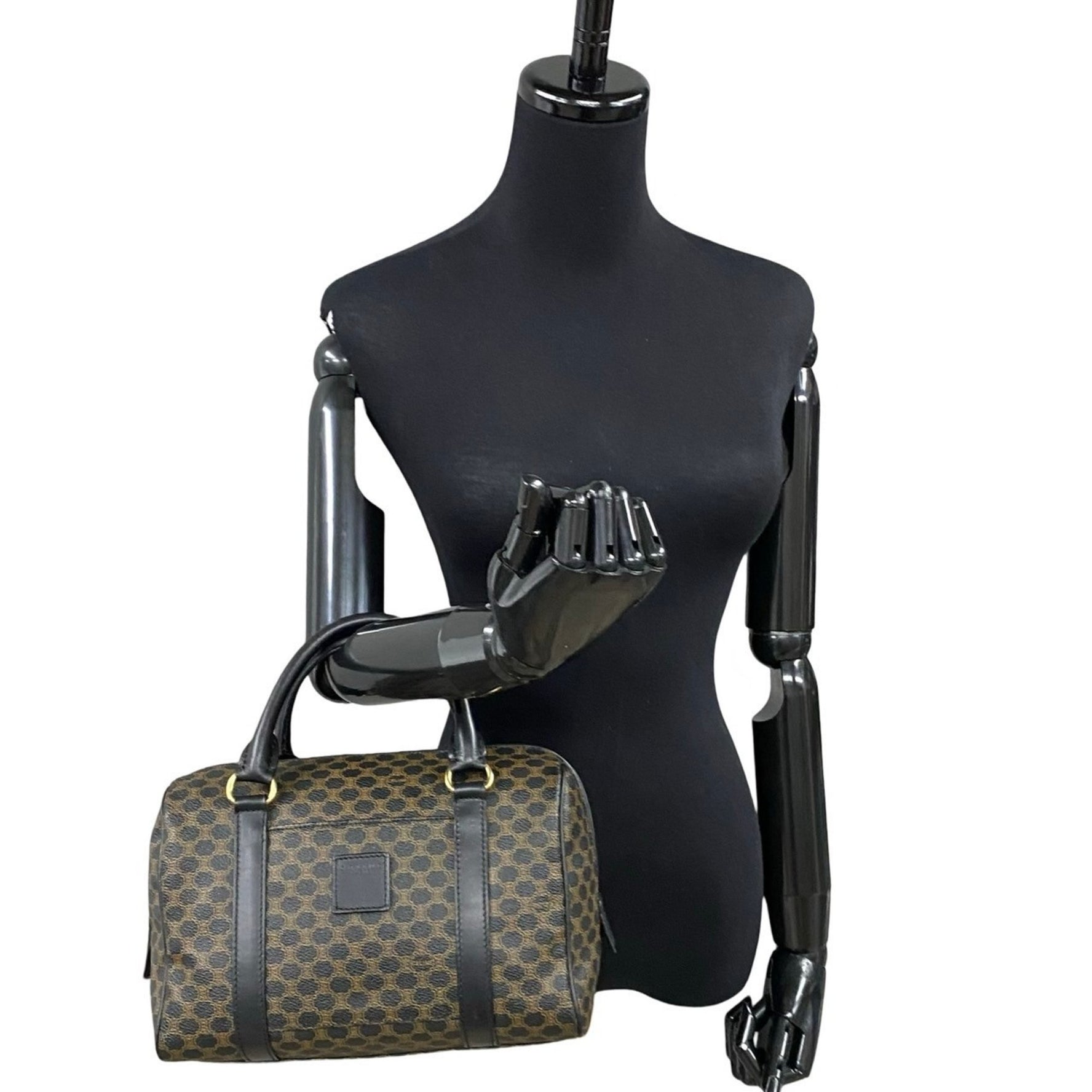 CELINE Vintage Macadam Blason Pattern Logo Leather Mini Boston Bag Handbag Brown Black