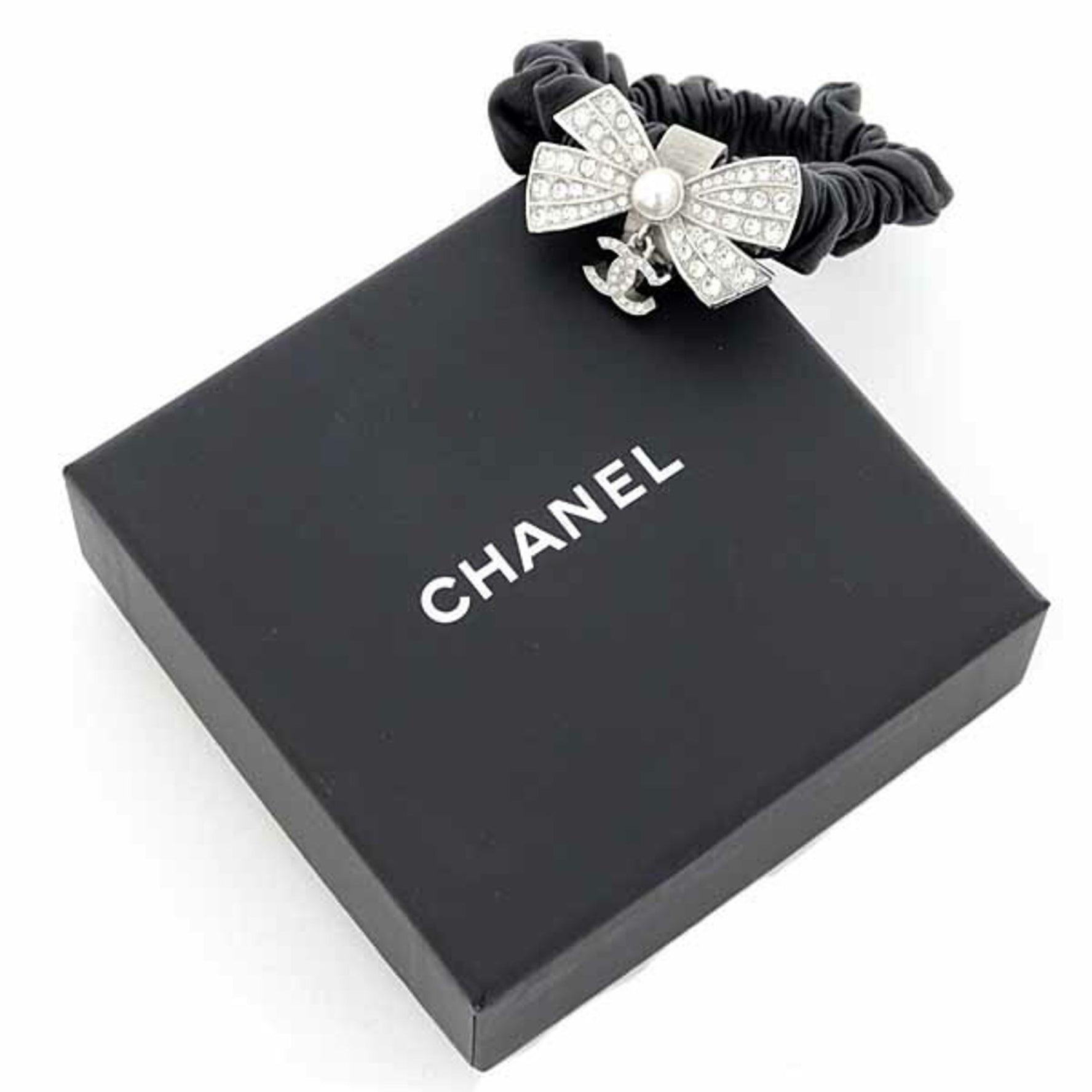 CHANEL Hair Scrunchie with Coco Mark Ribbon, Rhinestones, Faux Pearls, Leather and Metal