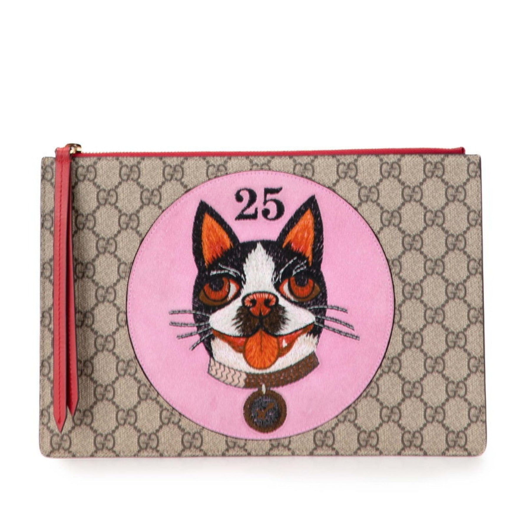 Gucci GG Supreme Bosco Appliqué Dog Embroidered Clutch Bag Beige Multicolored Suede