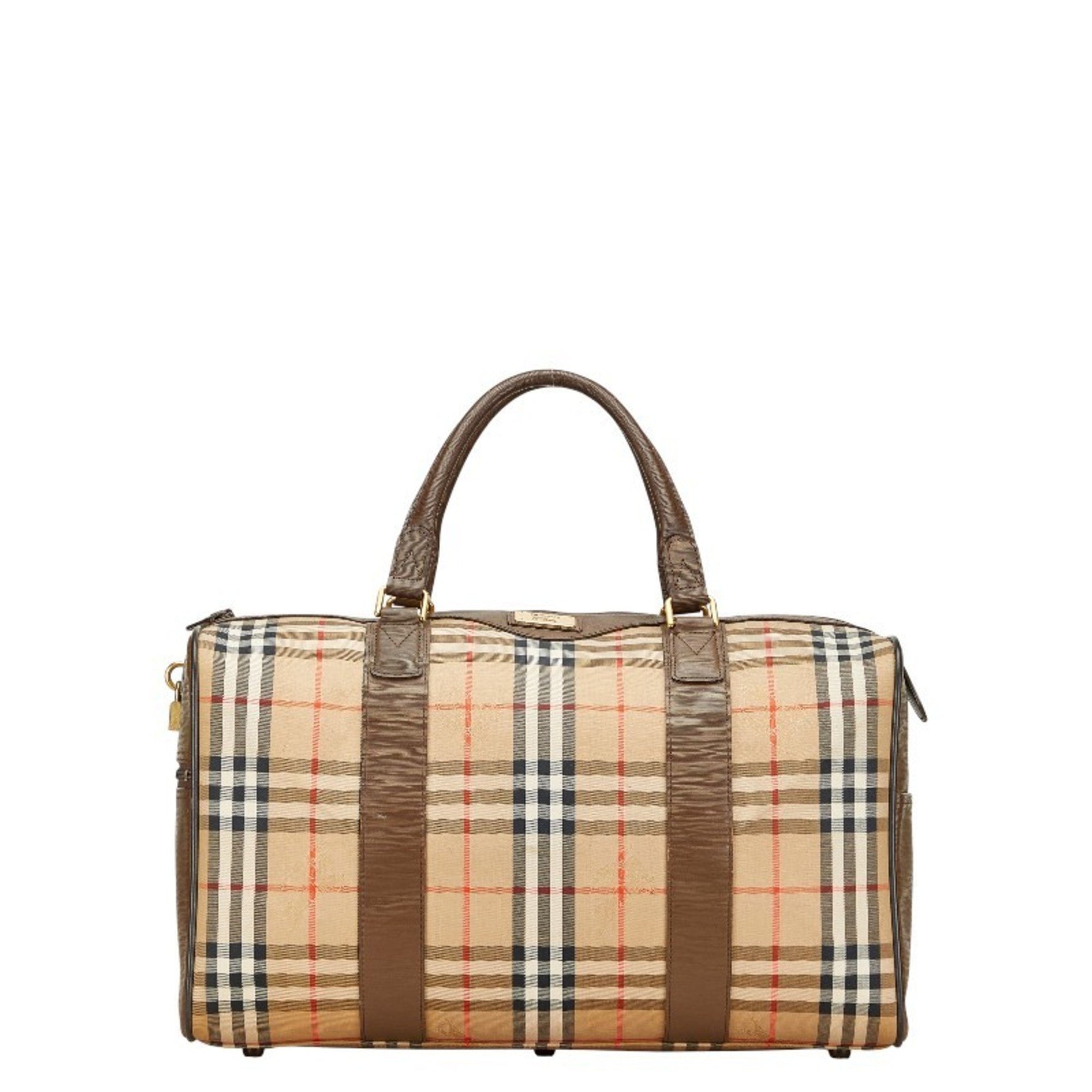 Burberry Nova Check Shadow Horse Boston Bag in Beige, Brown, and Multicolor Canvas Leather.