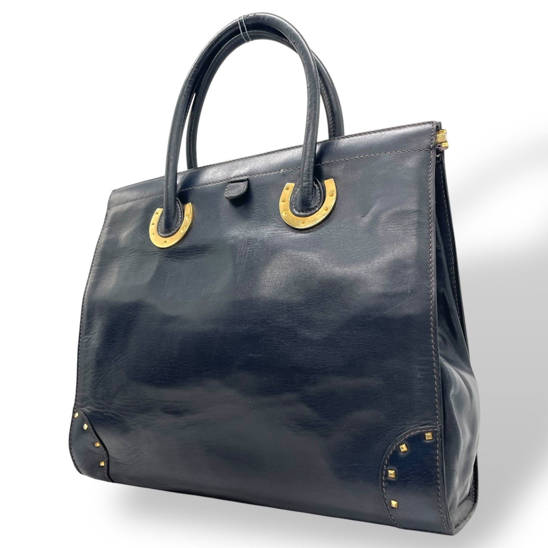 GUCCI handbag tote bag in navy blue leather with gold hardware, vintage Gucci D1