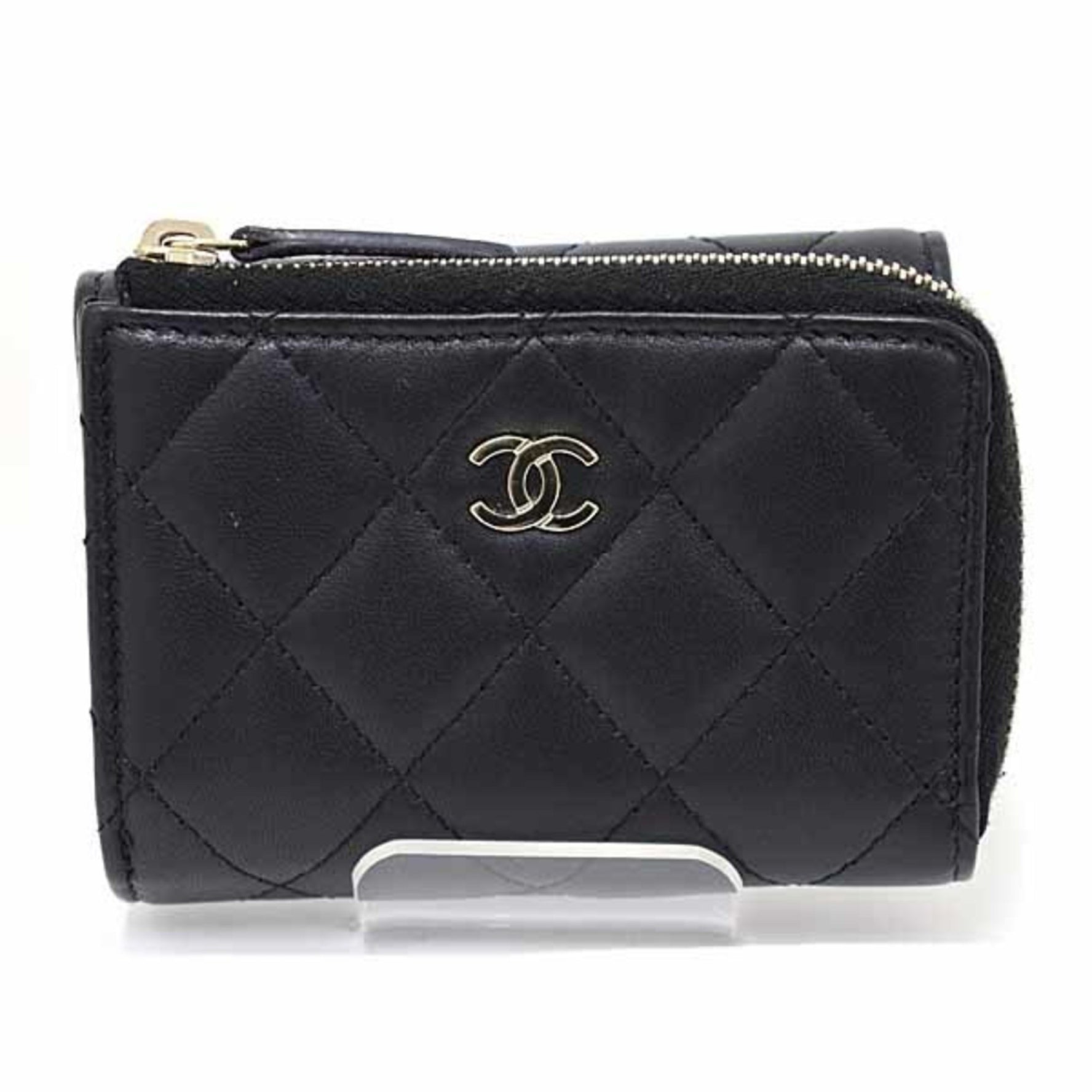 CHANEL Compact Wallet Tri-fold L-Shaped Matelasse Lambskin Black Light