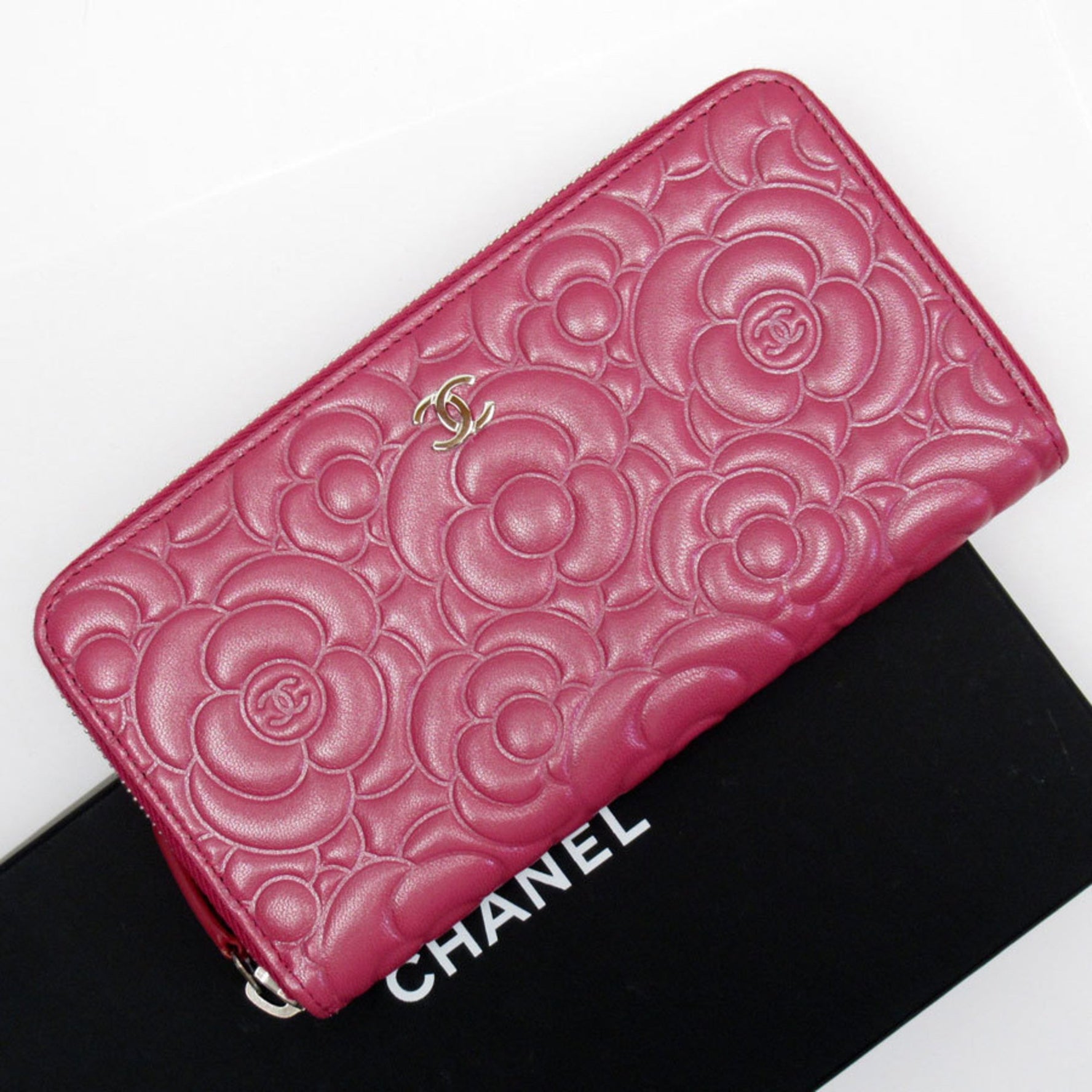 CHANEL Round Long Wallet Camellia Leather Pink Women's t19372f