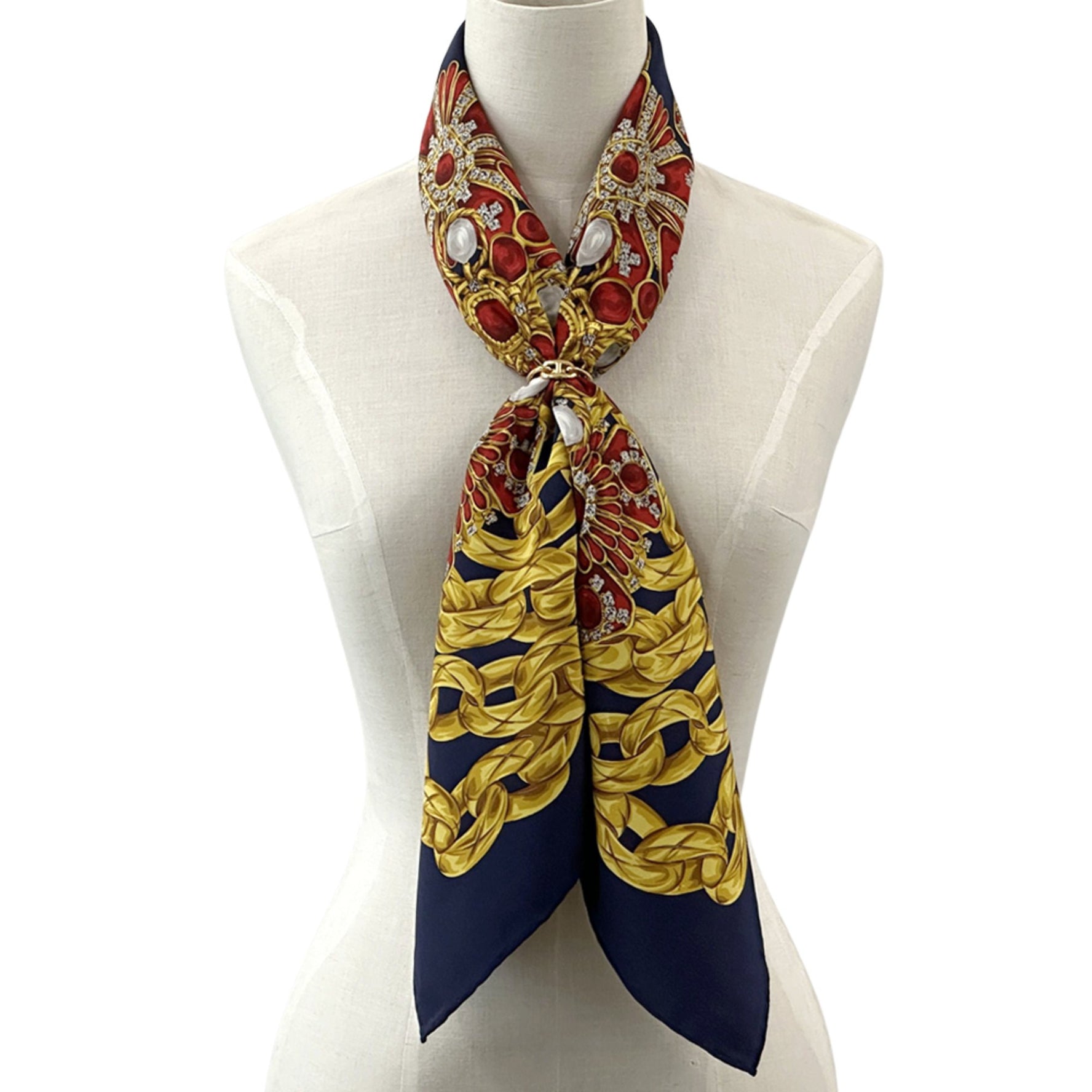 CHANEL Cambon Matelasse Scarf, Silk, Navy, Yellow, Red, with Beaded Chain