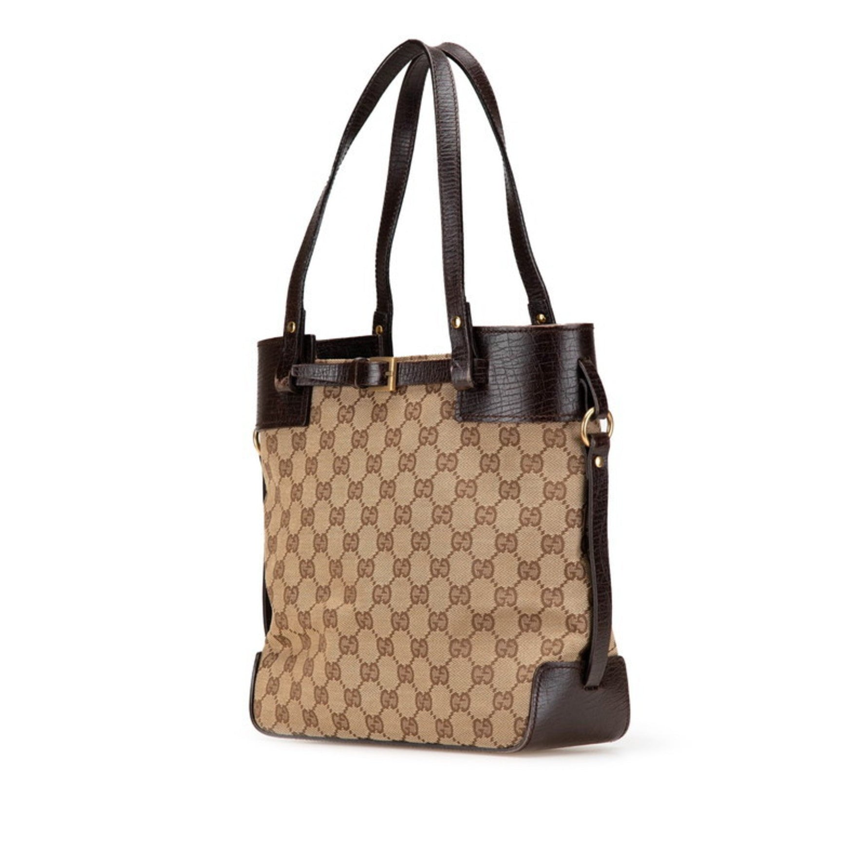 Gucci GG Canvas Tote Bag Handbag Beige Brown Leather