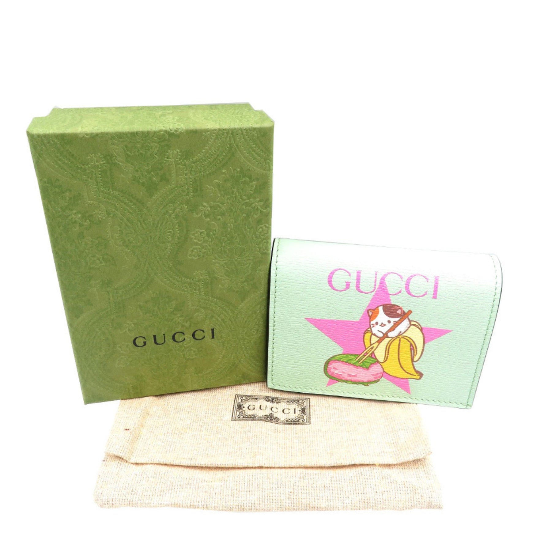 Unused Gucci Bananya Sakuramochi (cherry rice cake) Leather Bifold Wallet with Gold Hardware and Emerald Green 0075
