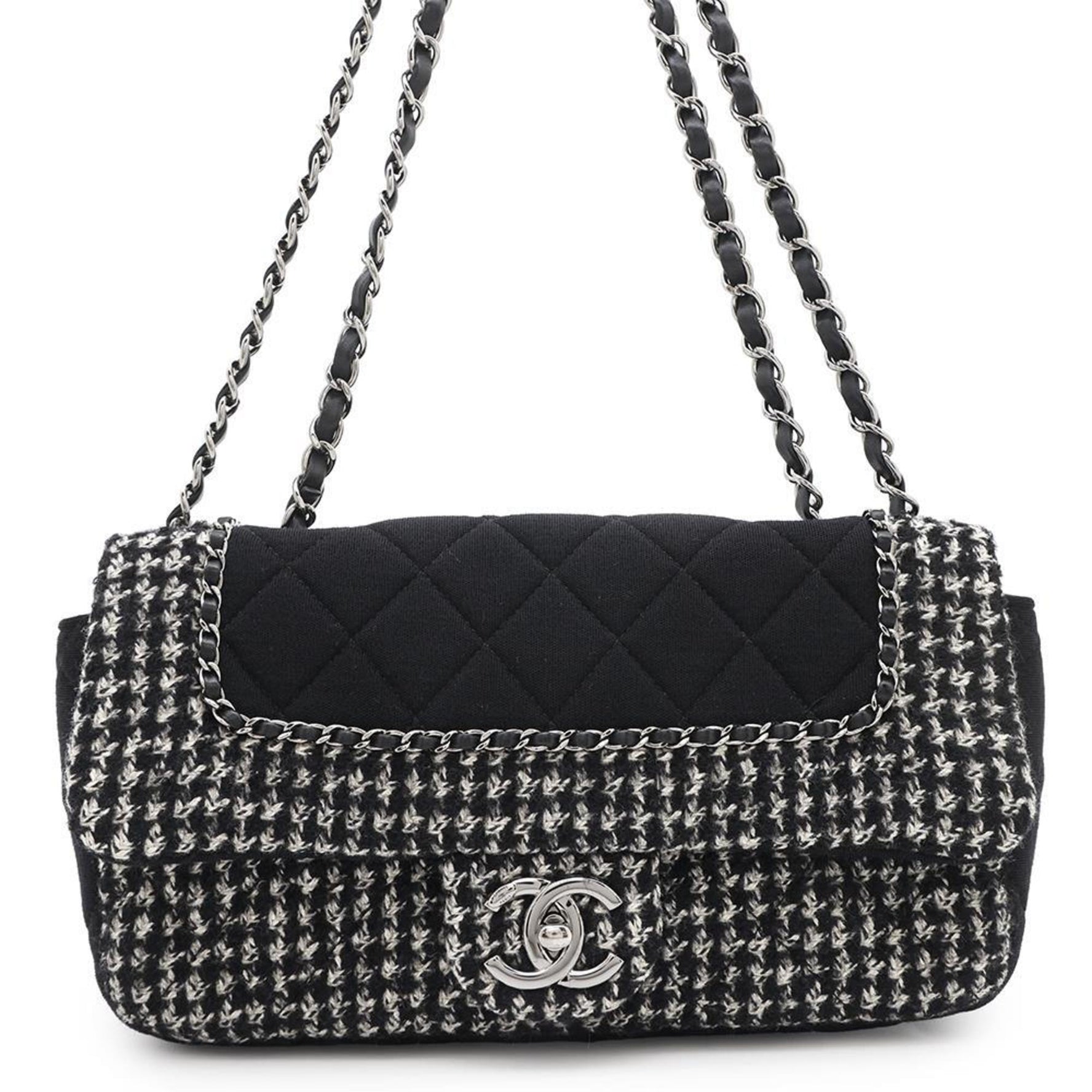 Chanel Chain Shoulder Bag Matelasse Coco Mark Tweed Black White