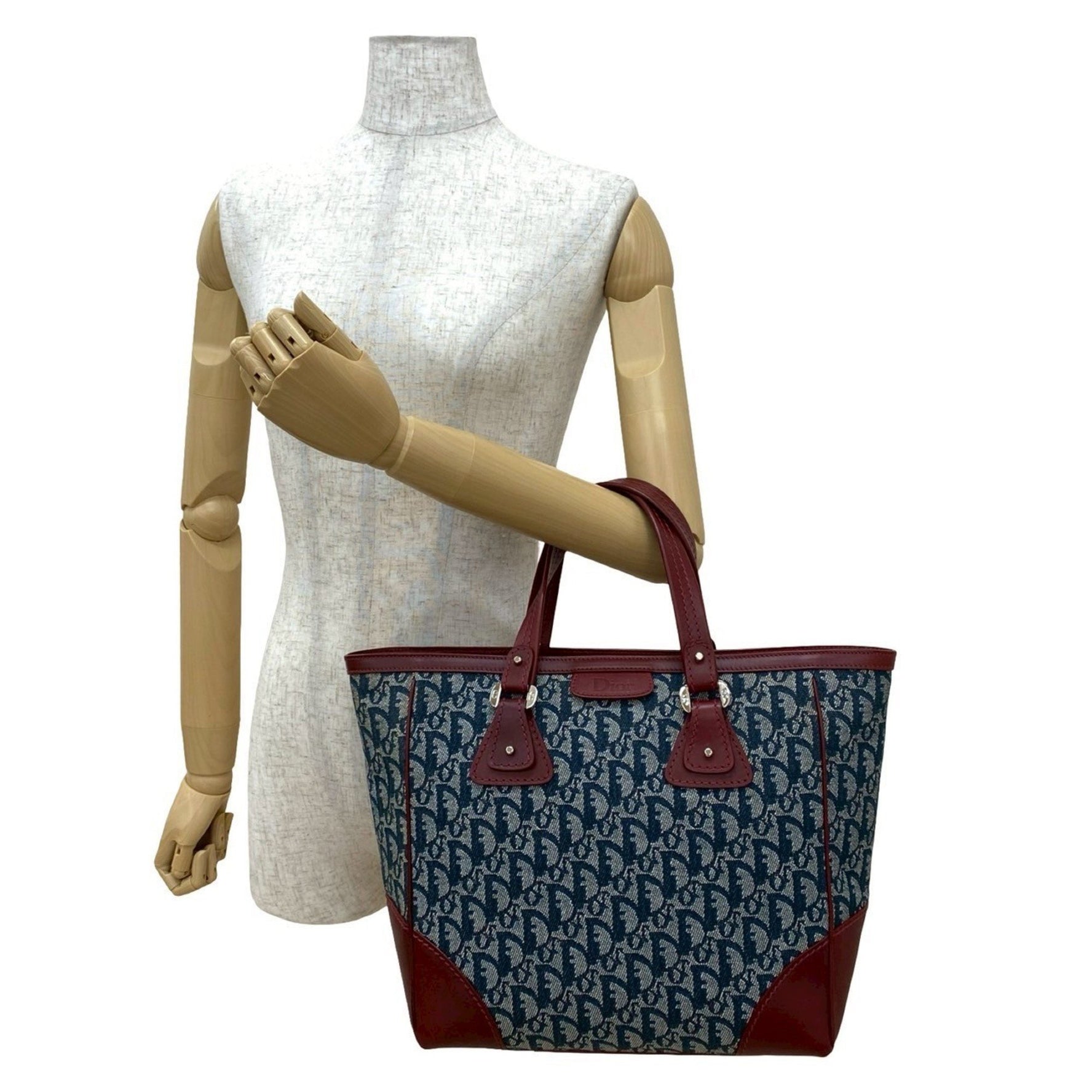 Christian Dior Trotter Pattern Canvas Leather Handbag Tote Bag Navy/Bordeaux