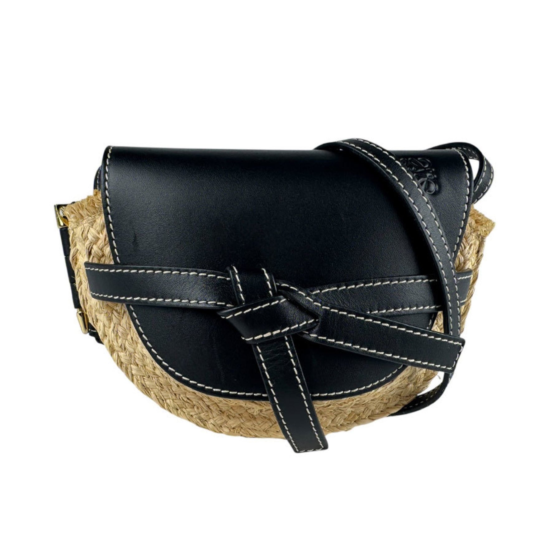 LOEWE Mini Gate Shoulder Bag in Leather, Raffia, Black, and Beige