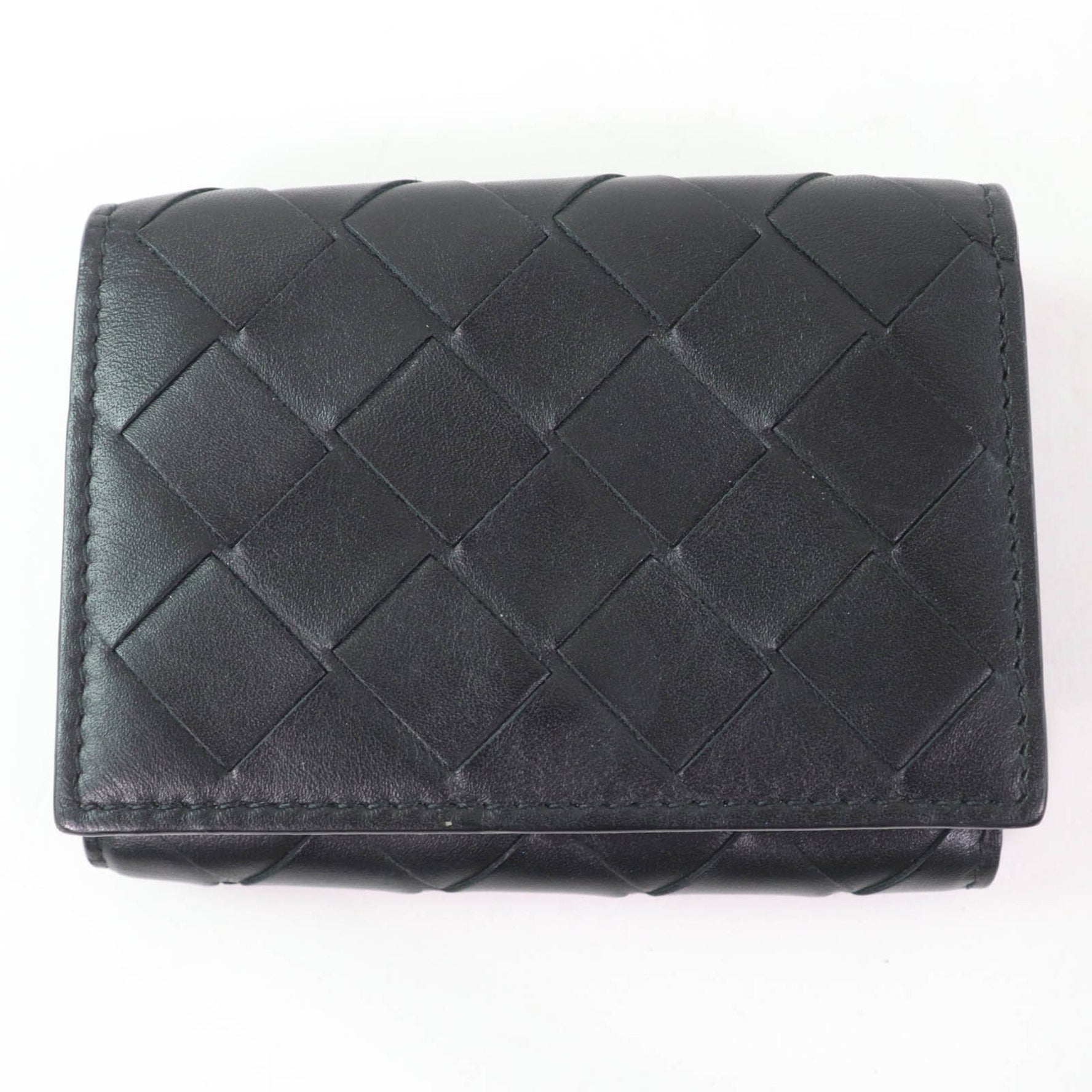 BOTTEGA VENETA Leather Intrecciato Tiny Tri-fold Wallet, Compact Black/Blue, Box and Dust Bag Included, Made in Italy