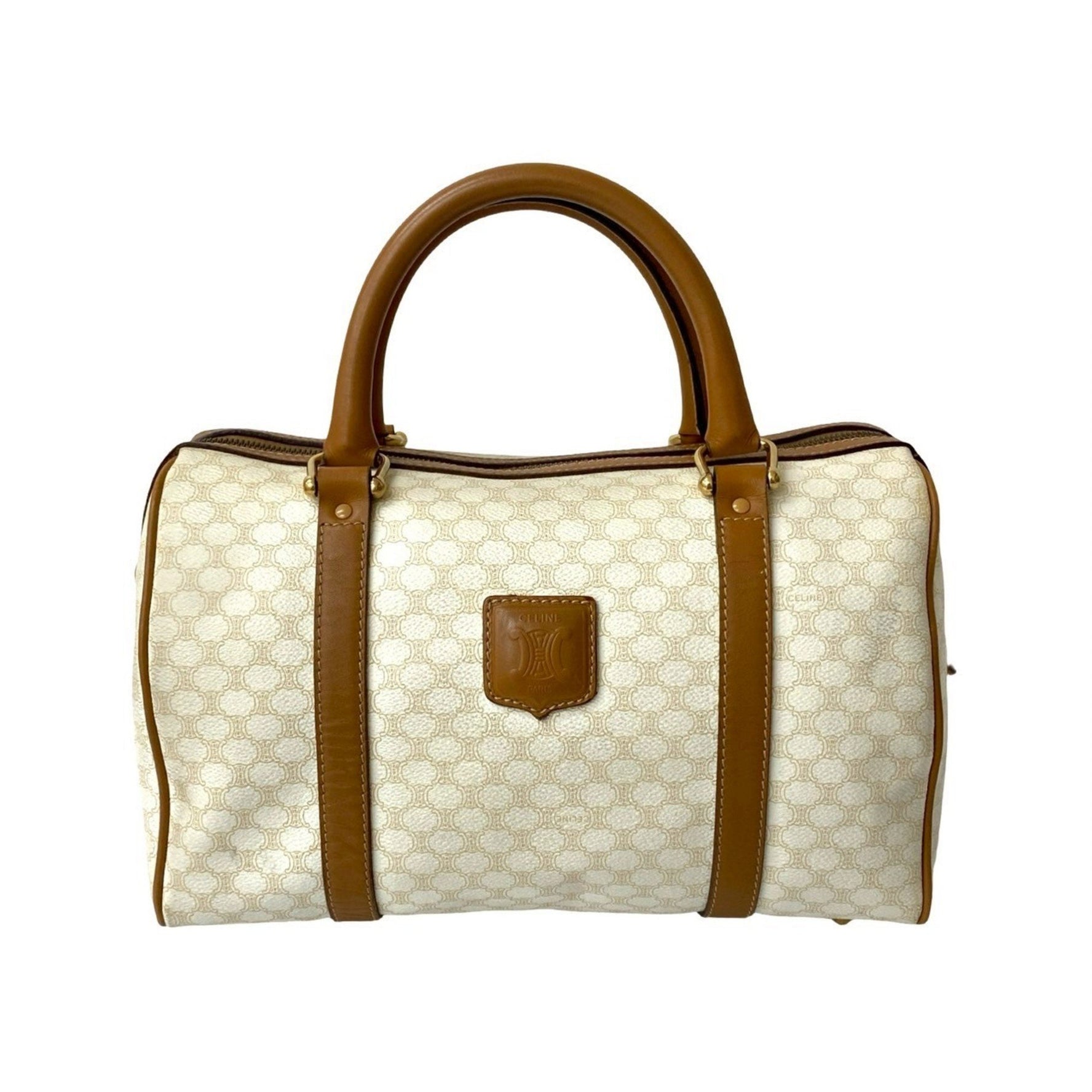 CELINE Macadam Blason Triomphe Leather Handbag/Mini Boston Bag, White