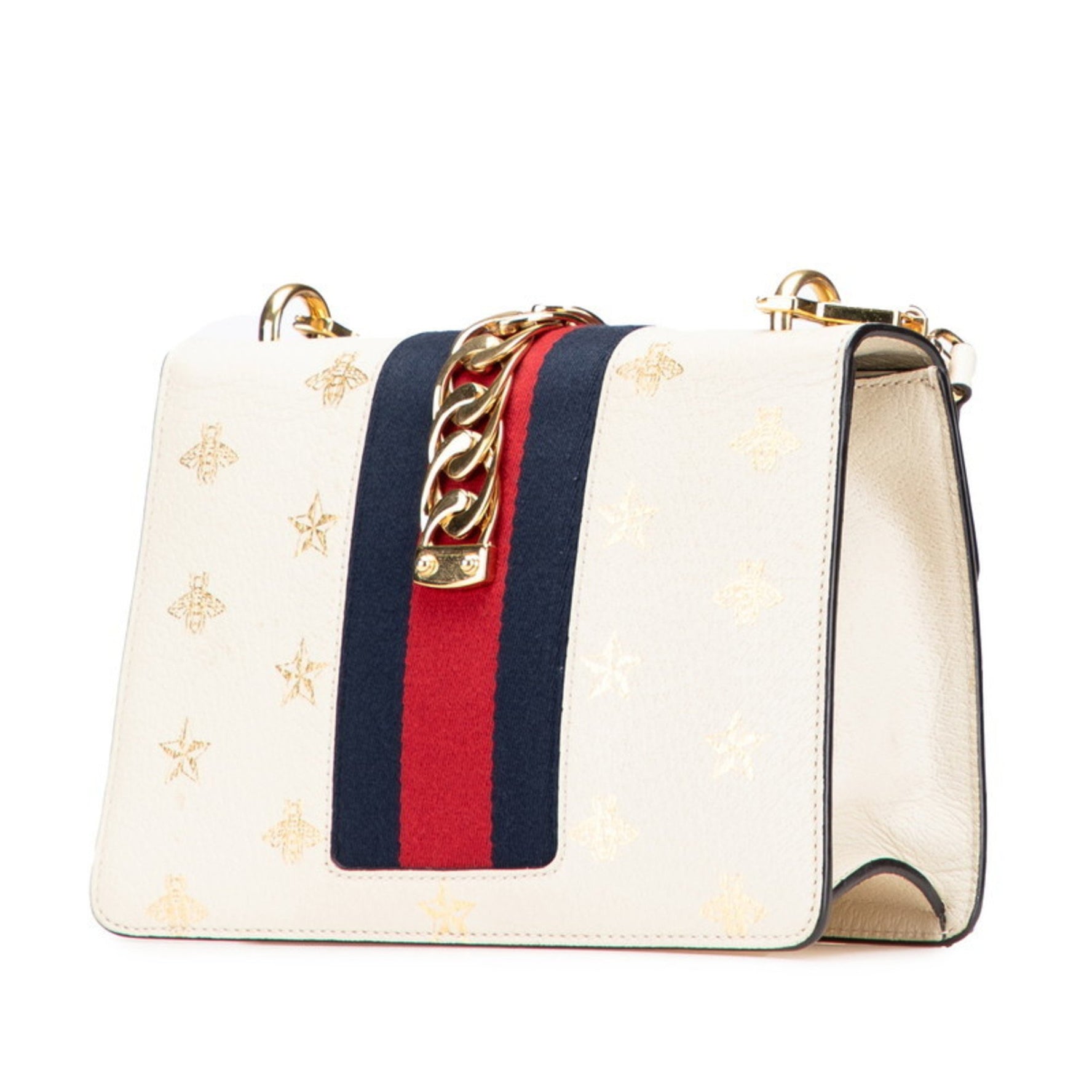 Gucci Sylvie Bee & Star Crossbody Shoulder Bag White Ivory Gold Leather