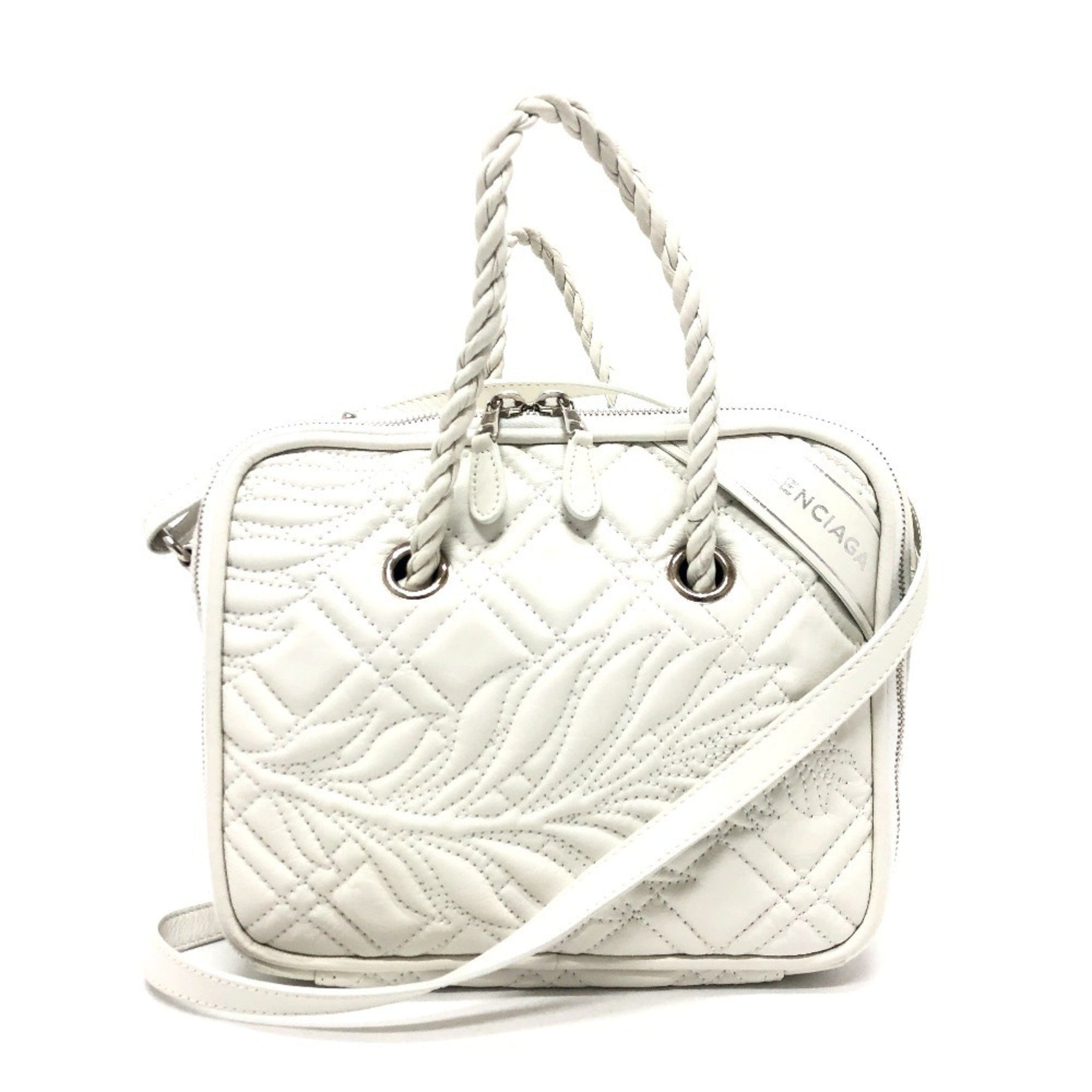 BALENCIAGA Quilted Blanket Square S 2WAY Bag Shoulder Handbag Leather Women's White
