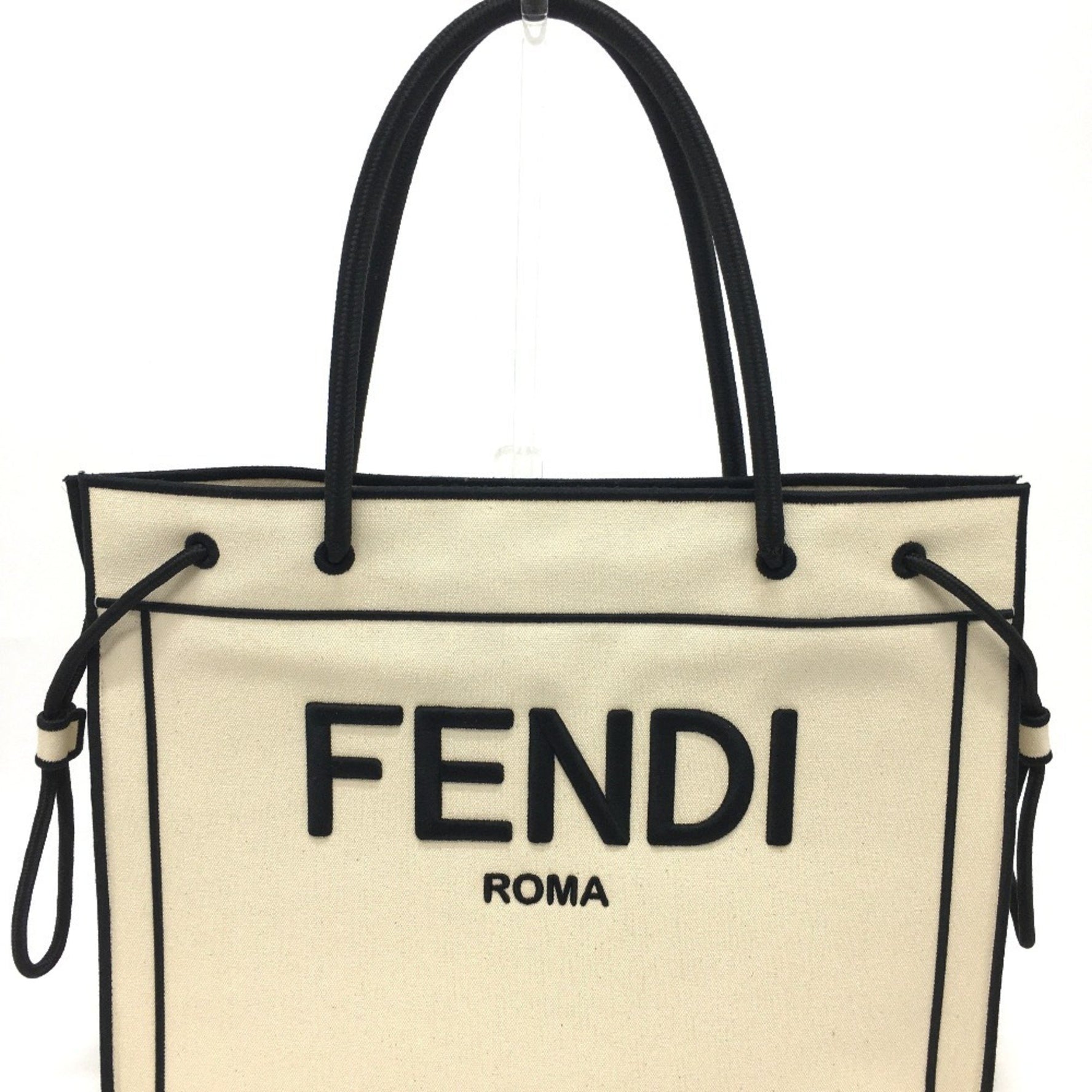 FENDI Logo Roma Shopper Large Tote Bag, Canvas, Grezzo Natural Beige & Black, Like New