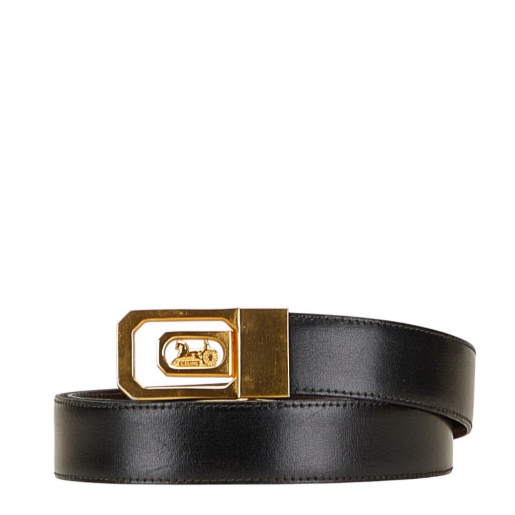 Celine Horsecarriage Belt in Black and Gold Plated Leather