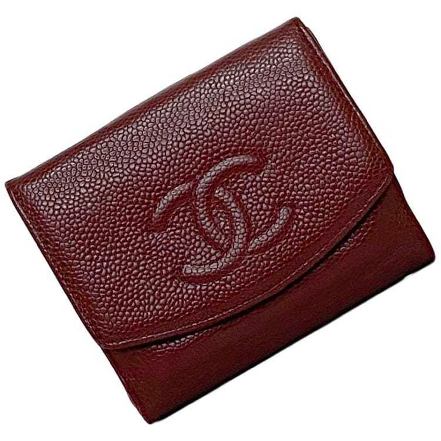 Chanel Bi-fold Wallet ec-22876 Red Coco Mark A13496 Compact Caviar Skin Leather CHANEL 7th Series Folding Flap Women's Engraved Grained Calfskin
