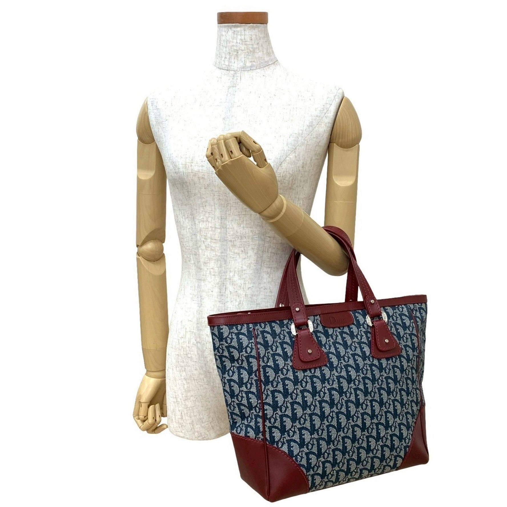 Christian Dior Logo Trotter Pattern Canvas Leather Handbag Tote Bag in Bordeaux and Navy (Product Code: