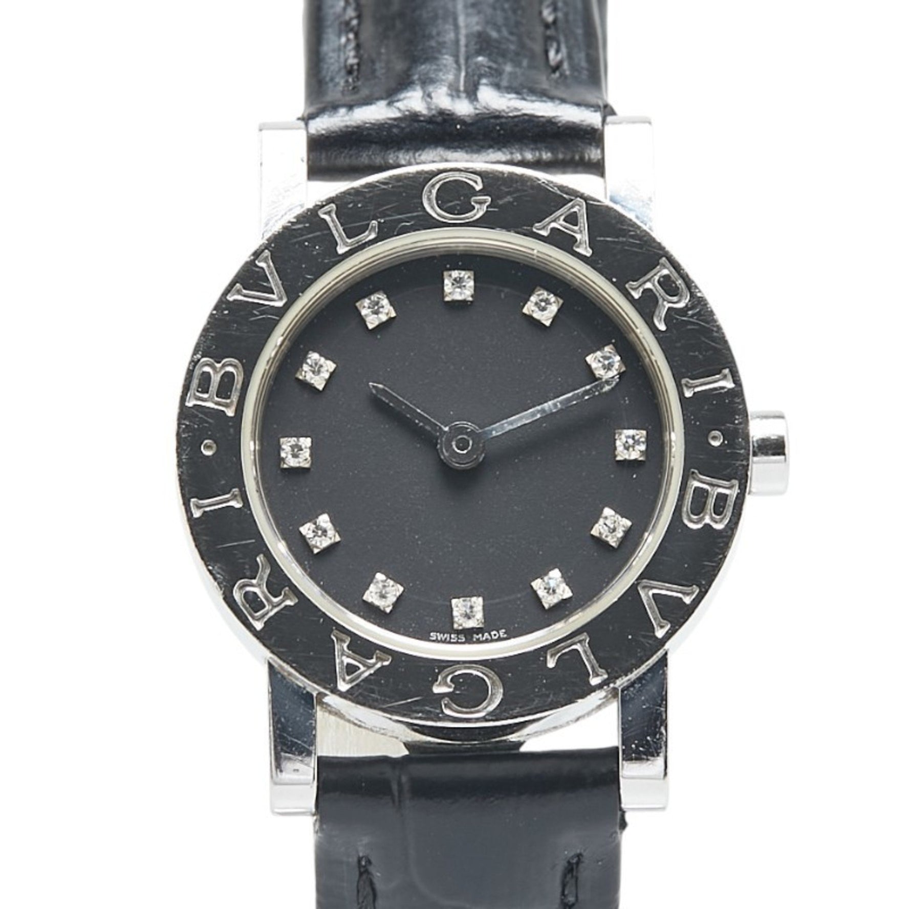BVLGARI Men's Watch BB23SL Quartz Black Dial Leather Strap Stainless Steel