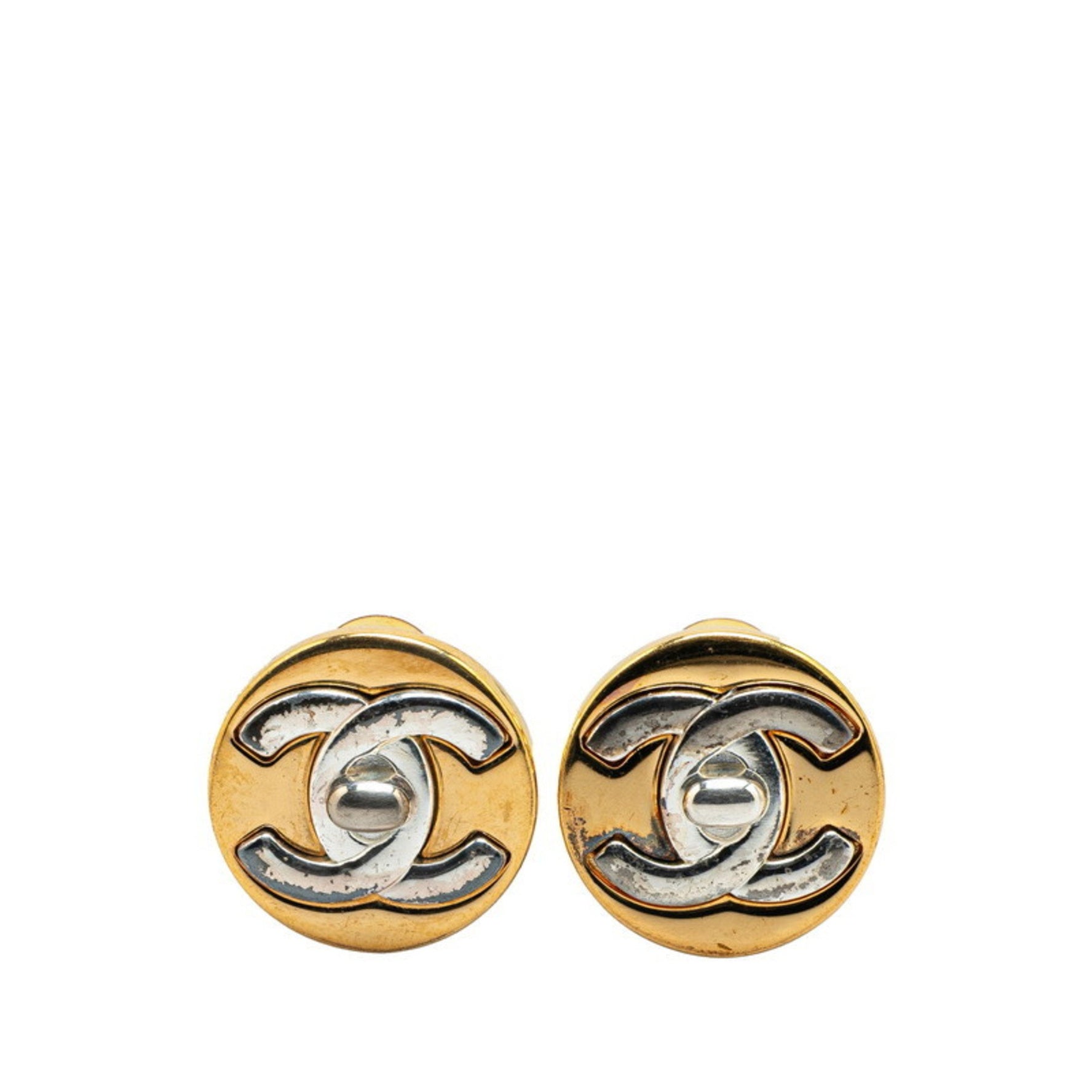 Vintage Chanel Coco Mark Turnlock Earrings in Gold and Silver Plated Metal