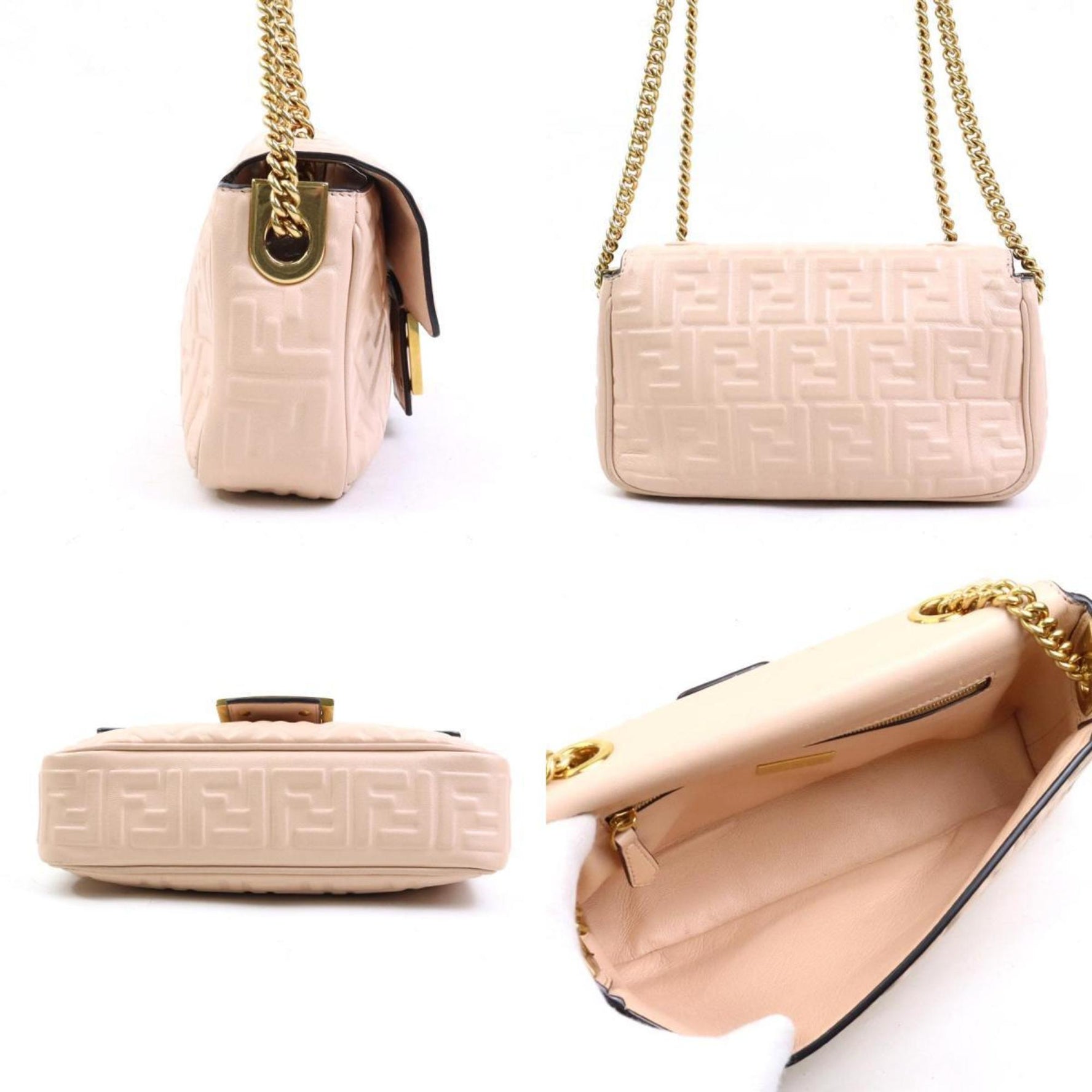 Fendi Baguette Chain Shoulder Bag, Midi Leather, Metal, Pink Beige, Gold