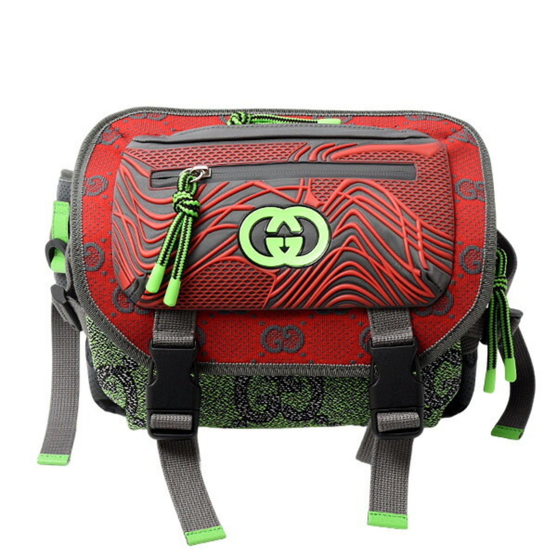 Gucci Small Backpack GG Nylon Belt Bag in Gray, Red, and Green (GUCCI