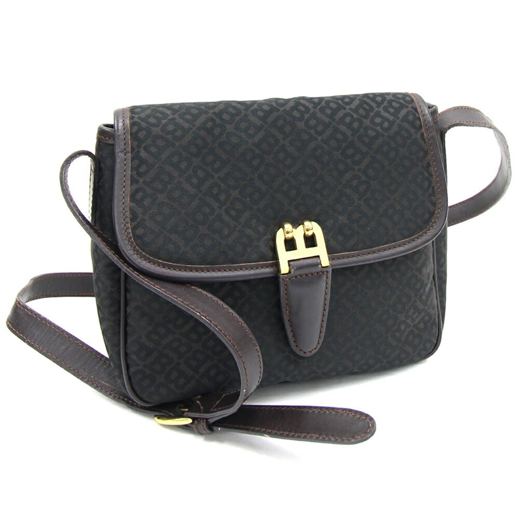 BALLY Shoulder Bag Black Dark Brown Nylon Canvas Leather Women's