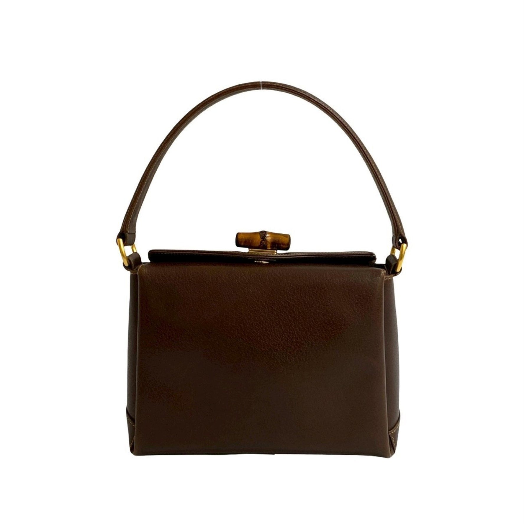 GUCCI Old Gucci Bamboo Leather Genuine Turnlock Handbag Mini Tote Bag Brown