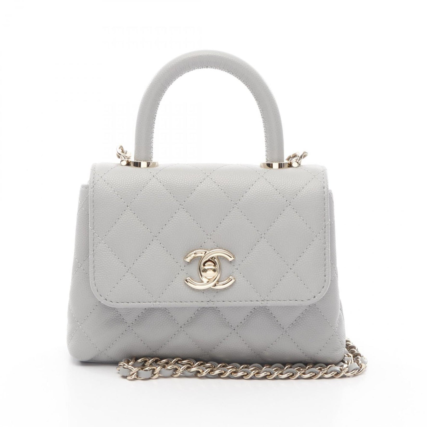 CHANEL Coco Handle Mini Matelasse Shoulder Bag in Grained Calfskin Caviar, Gray, AP4244
