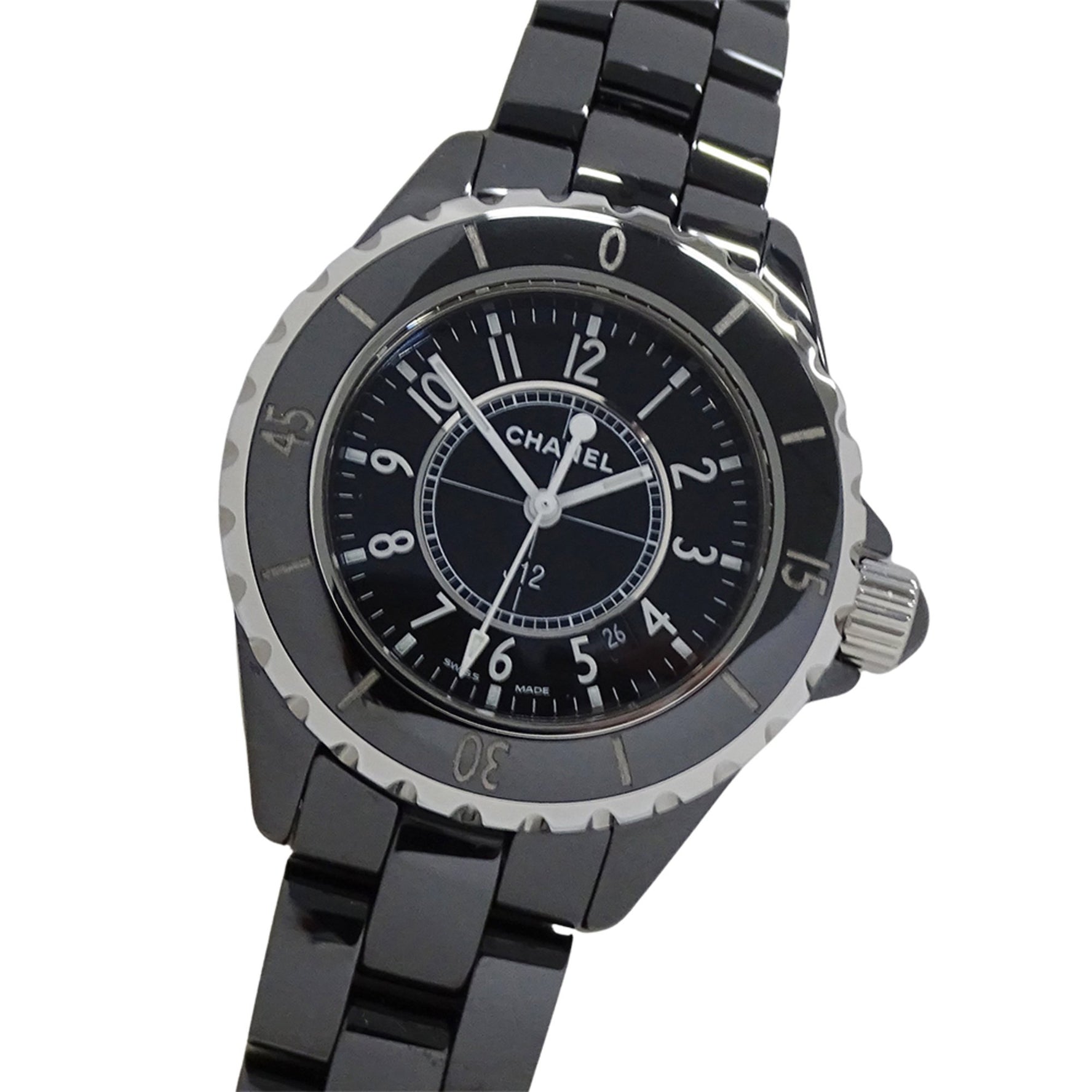 CHANEL Watch Date Quartz QZ Stainless Steel Black Ceramic Polished