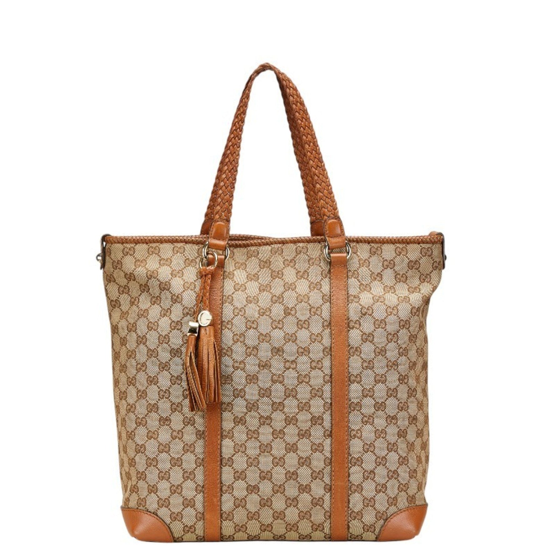 Gucci GG Canvas Tote Bag Beige Brown Leather