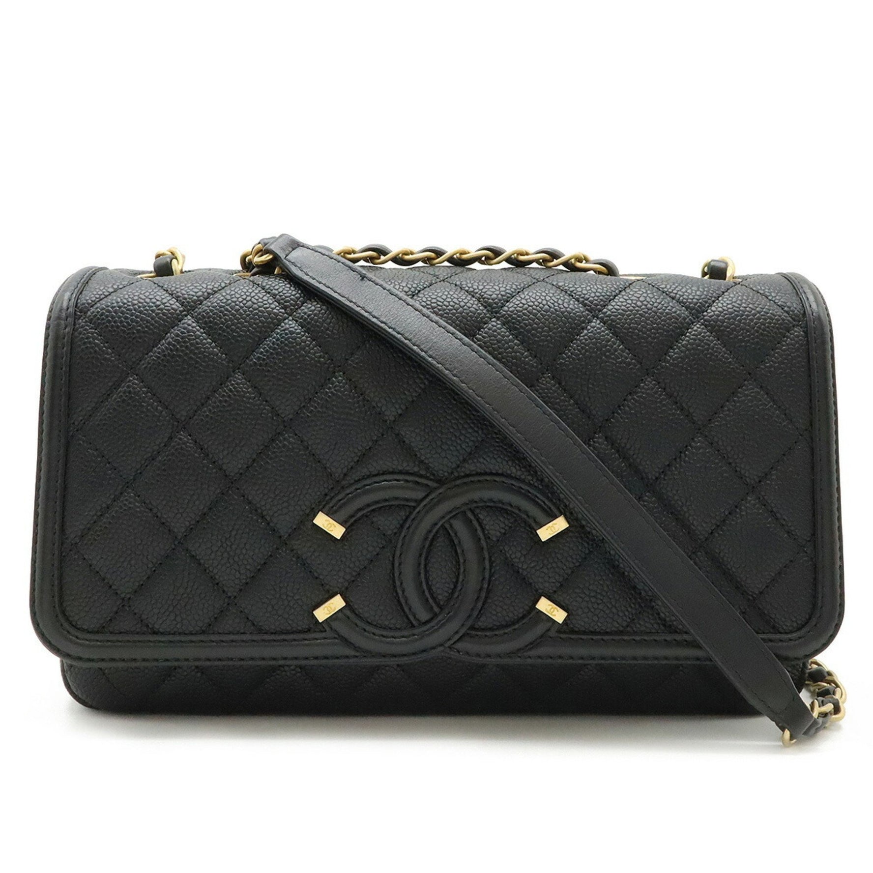 CHANEL CC Filigree Coco Mark Flap Bag Chain Shoulder Caviar Skin Leather Black A93341