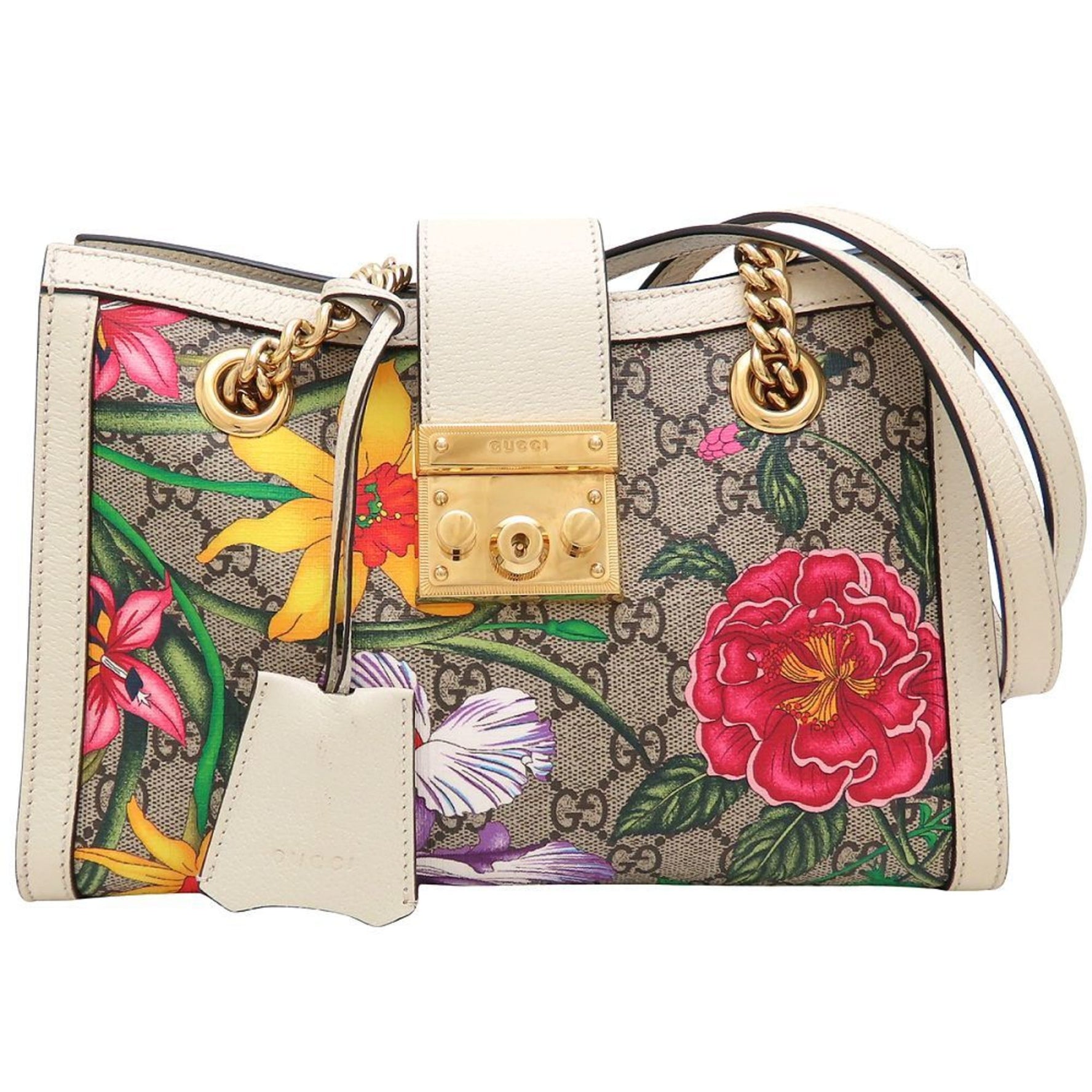 GUCCI Padlock GG Flora Small Shoulder Bag in Supreme Canvas and Leather, Beige White