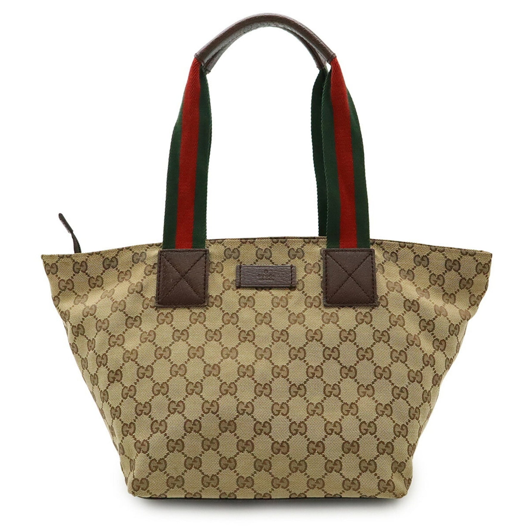 GUCCI GG Canvas Sherry Line Tote Bag Shoulder Leather Khaki Beige Brown Green Red