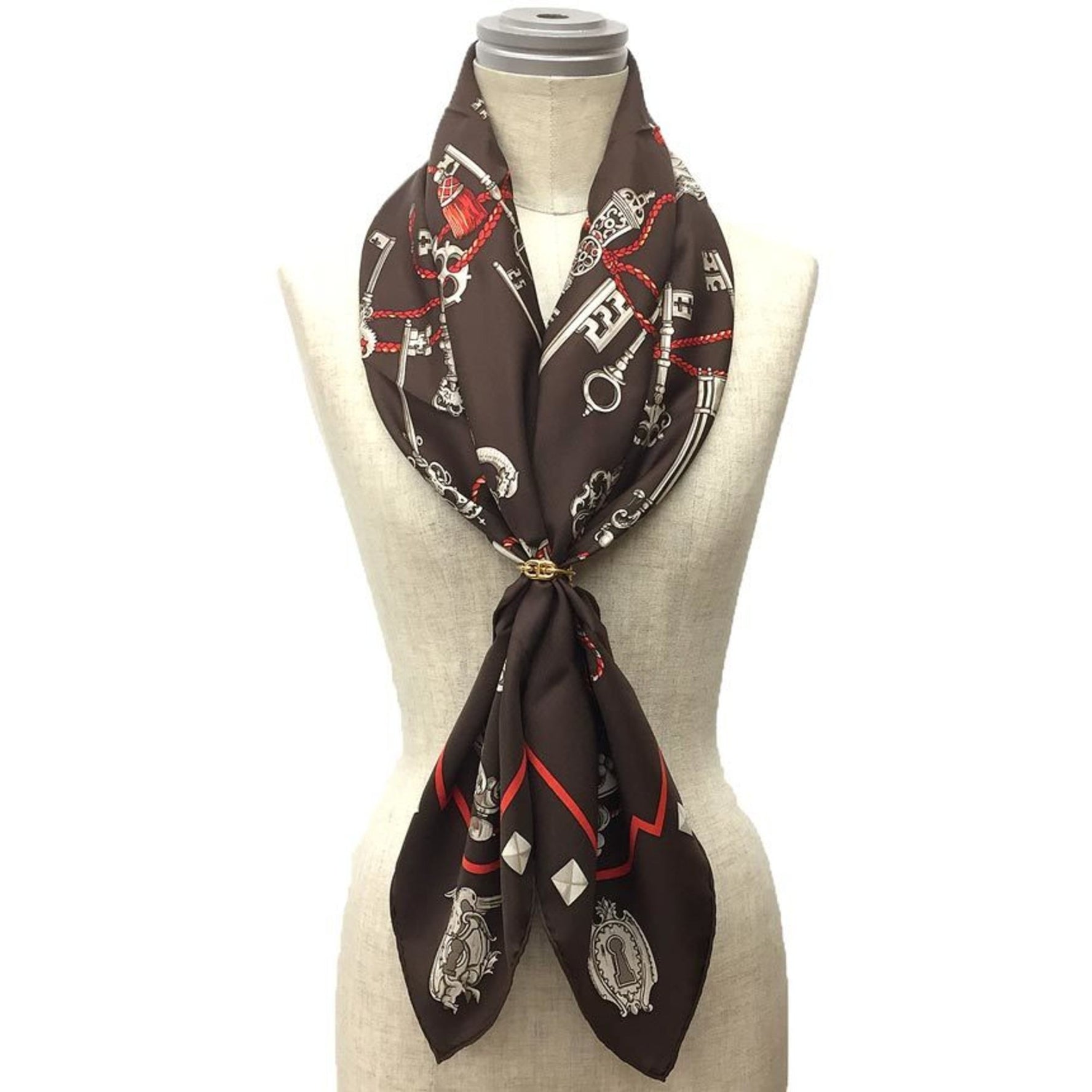 HERMES Carré 90 LES CLES Scarf, Key Pattern, 001428S-38, Silk, Brown, aq11943