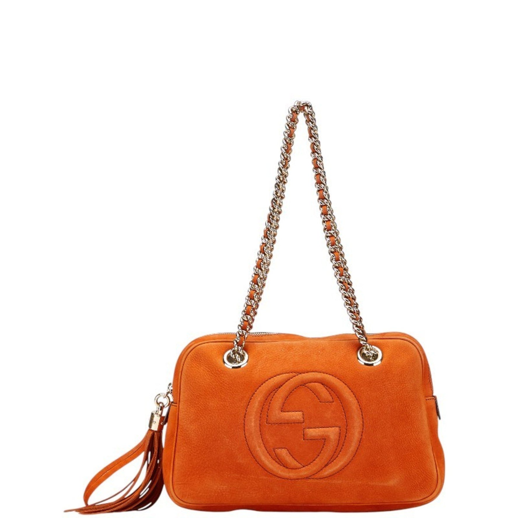Gucci Soho Fringe Chain Shoulder Bag Brown and Orange Leather