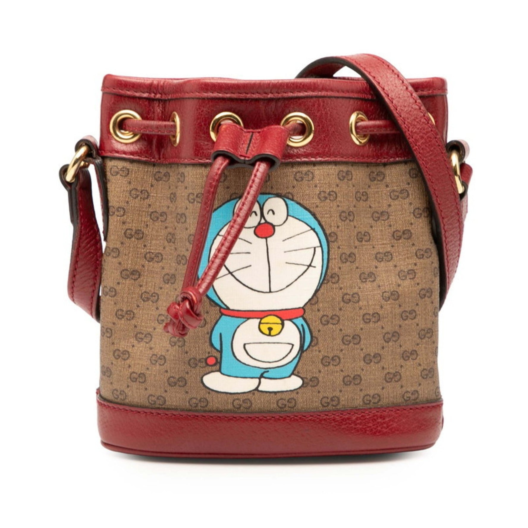 Gucci x Doraemon Mini GG Supreme Bucket Bag Shoulder Brown and Red Leather