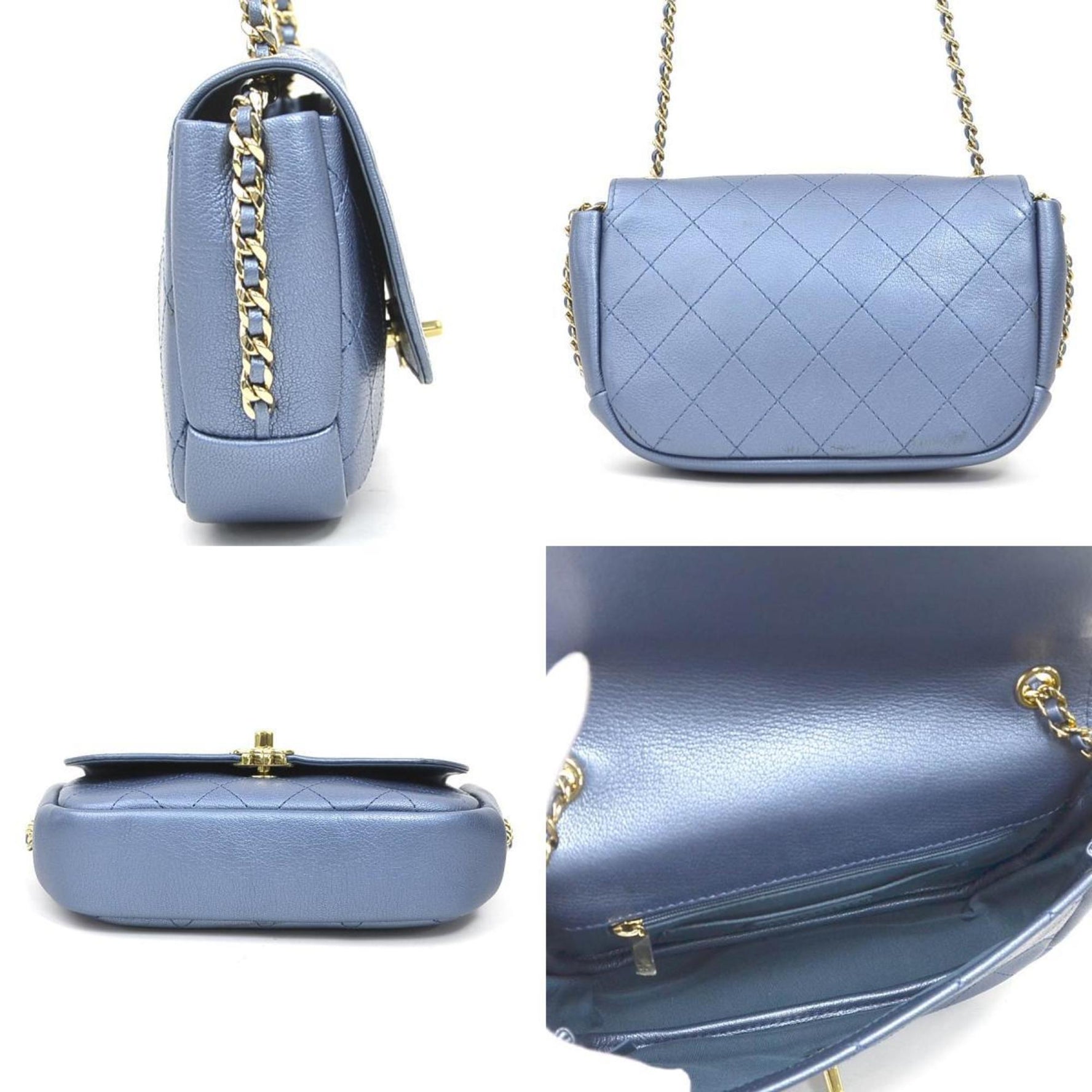 CHANEL Shoulder Bag, Leather, Metallic Blue and Gold