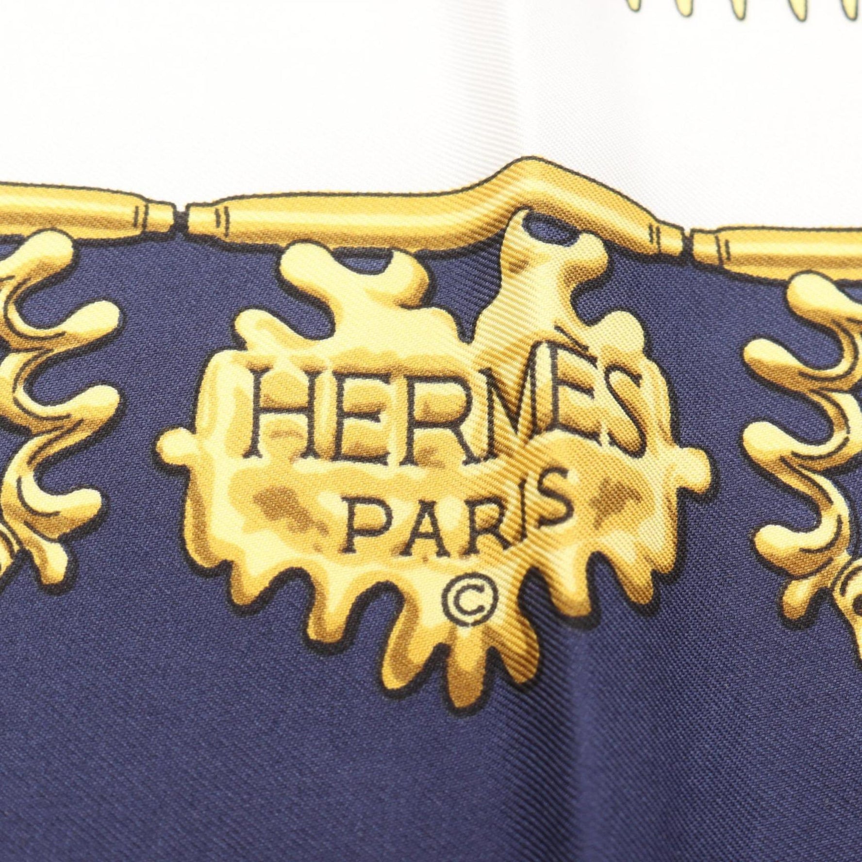 Hermès HERMES Carré 90 LES CAVALIERS D'OR Silk Scarf Navy, White, and Gold