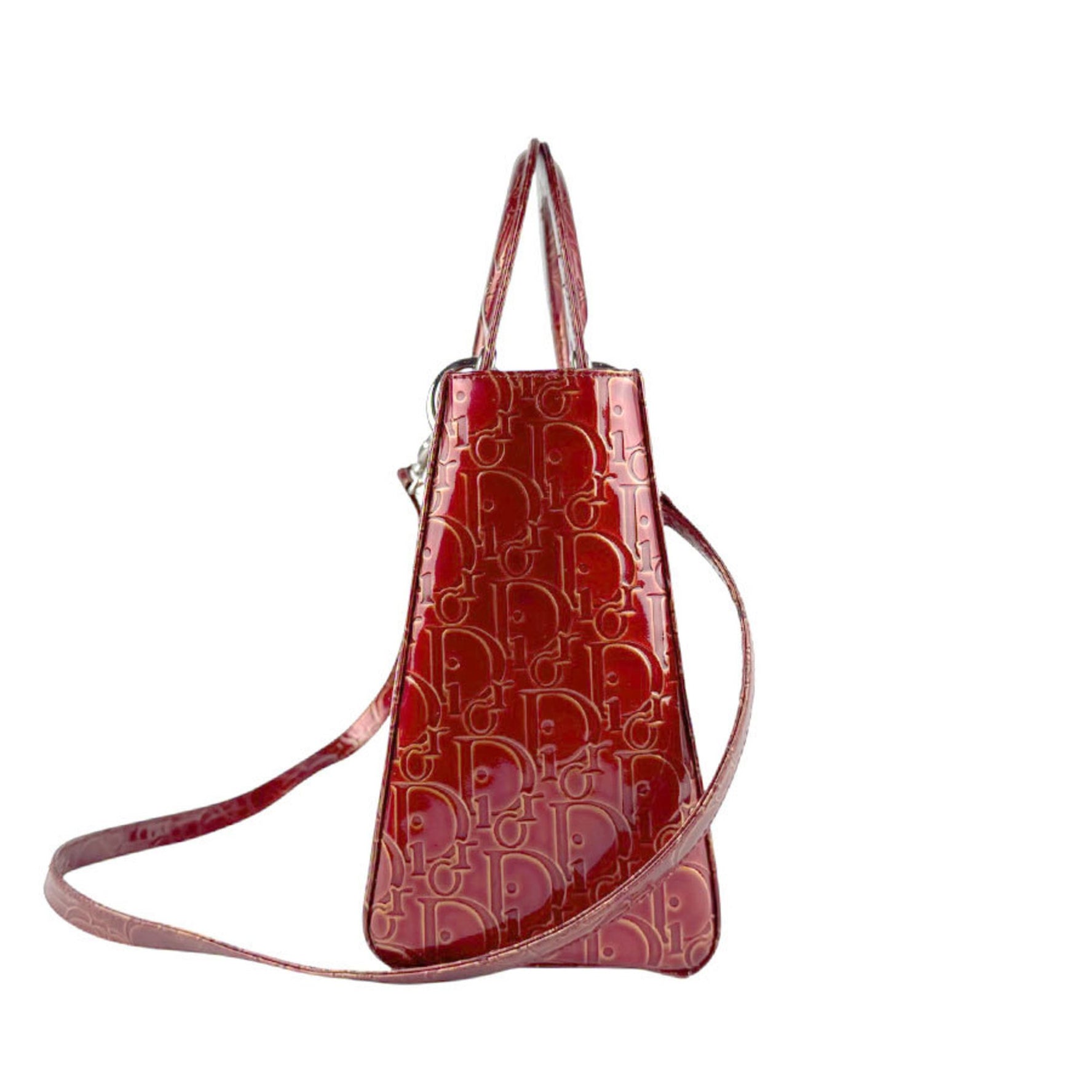 Christian Dior Lady handbag/shoulder bag in patent leather, red and silver, women's