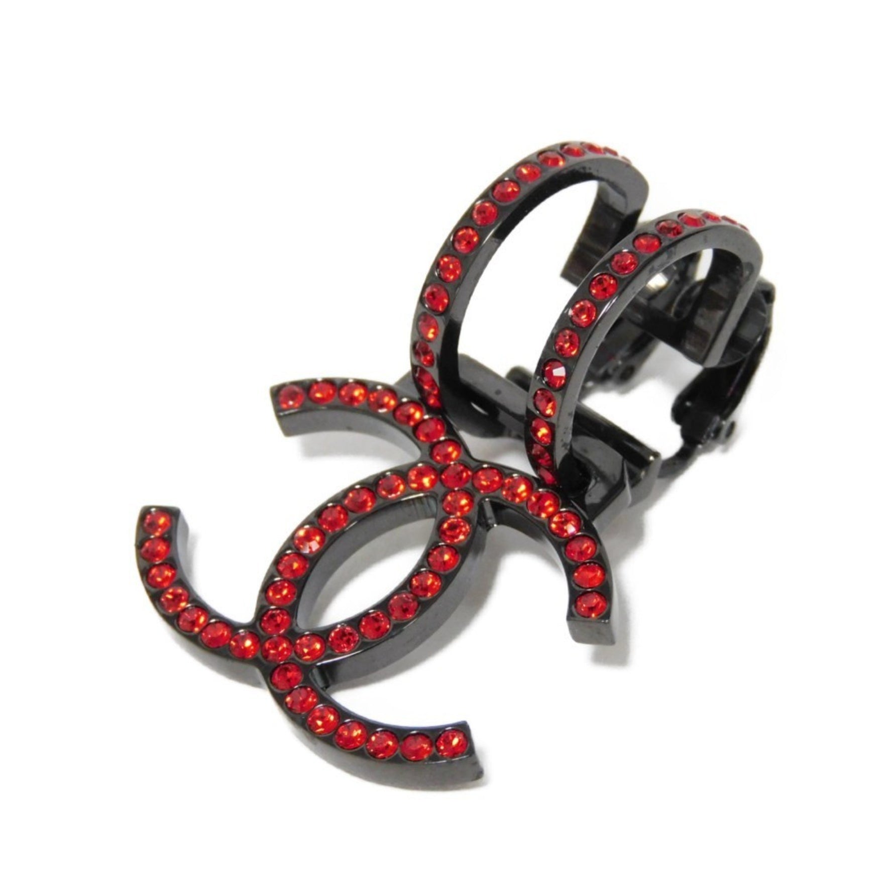 CHANEL Earrings Crystal Coco Mark Swing Rhinestone One Ear B17S Clip CC Clear Red Women's