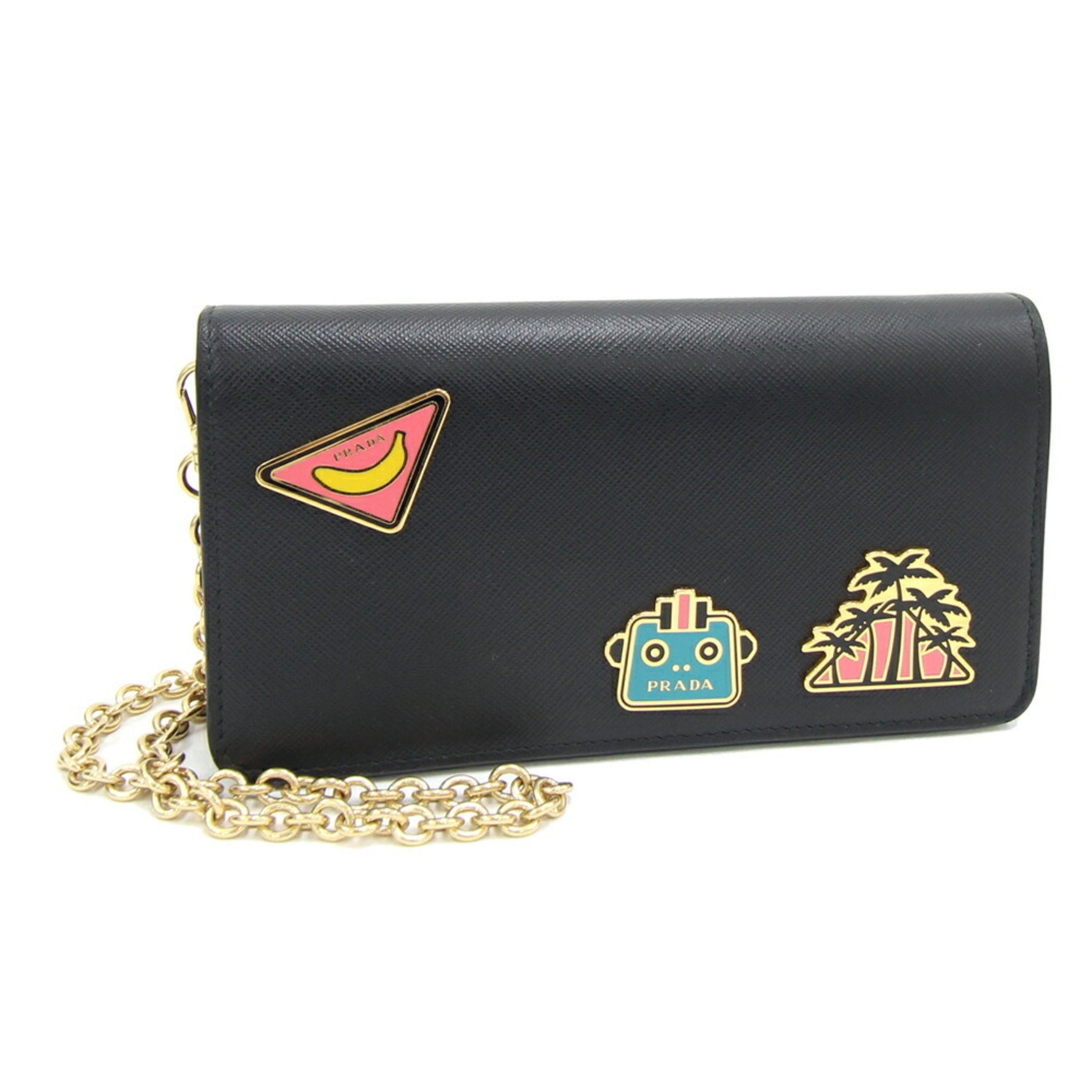 Prada Chain Wallet 1DH044 Black Red Leather Saffiano Pochette Robot Women's PRADA