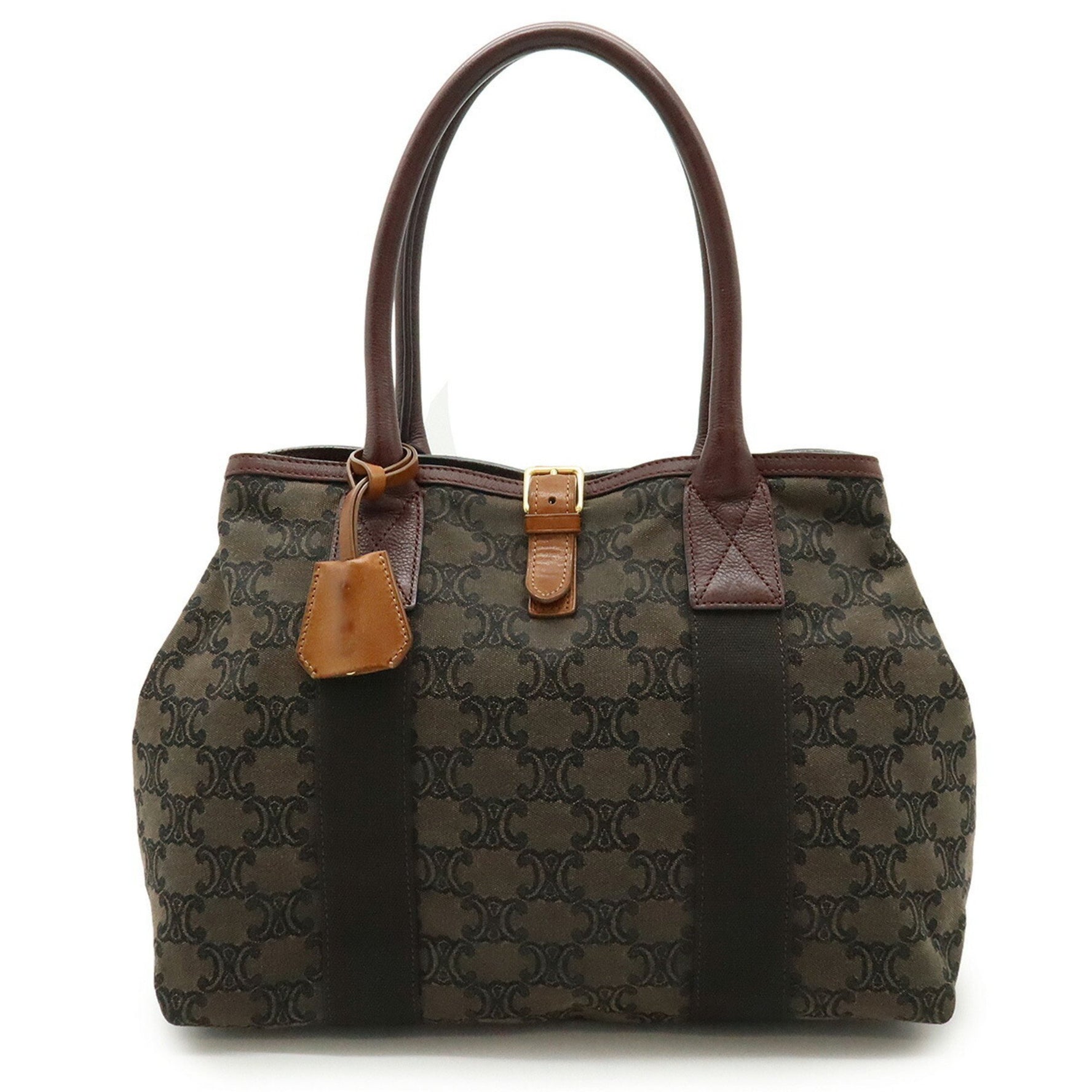 CELINE Macadam Tote Bag Shoulder Canvas Leather Dark Khaki Burgundy