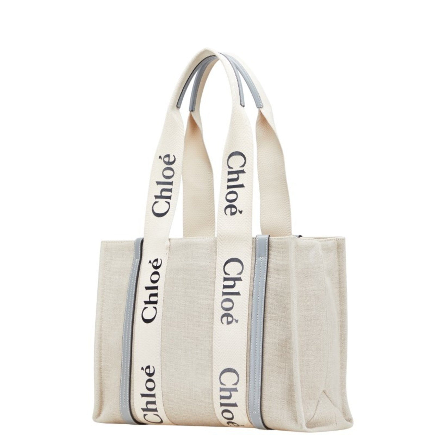 Chloé Chloe Woody Medium Tote Bag Shoulder Beige Blue Canvas Leather