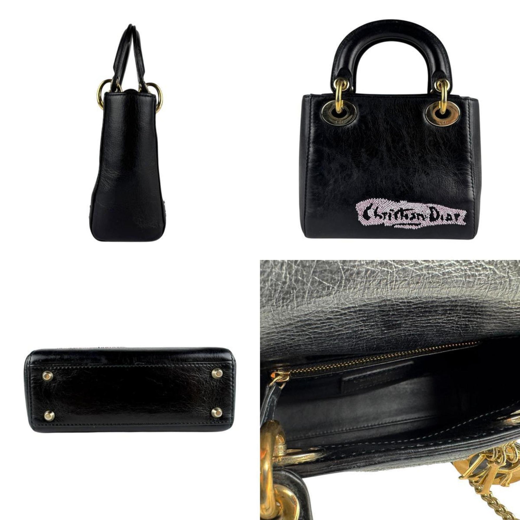 Christian Dior Lady Art Leather Shoulder Bag in Black, Multicolor, and Gold